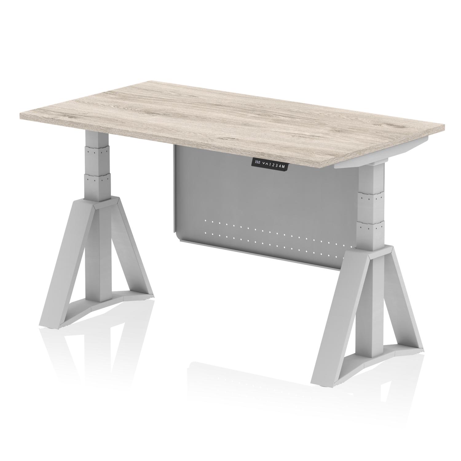 Air Modesty 1400 x 800mm Height Adjustable Office Desk Grey Oak Top Silver Leg With Silver Steel Modesty Panel with Piste Foot