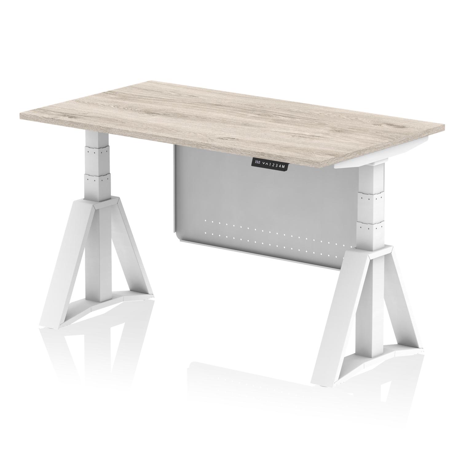 Air Modesty 1400 x 800mm Height Adjustable Office Desk Grey Oak Top White Leg With White Steel Modesty Panel with Piste Foot