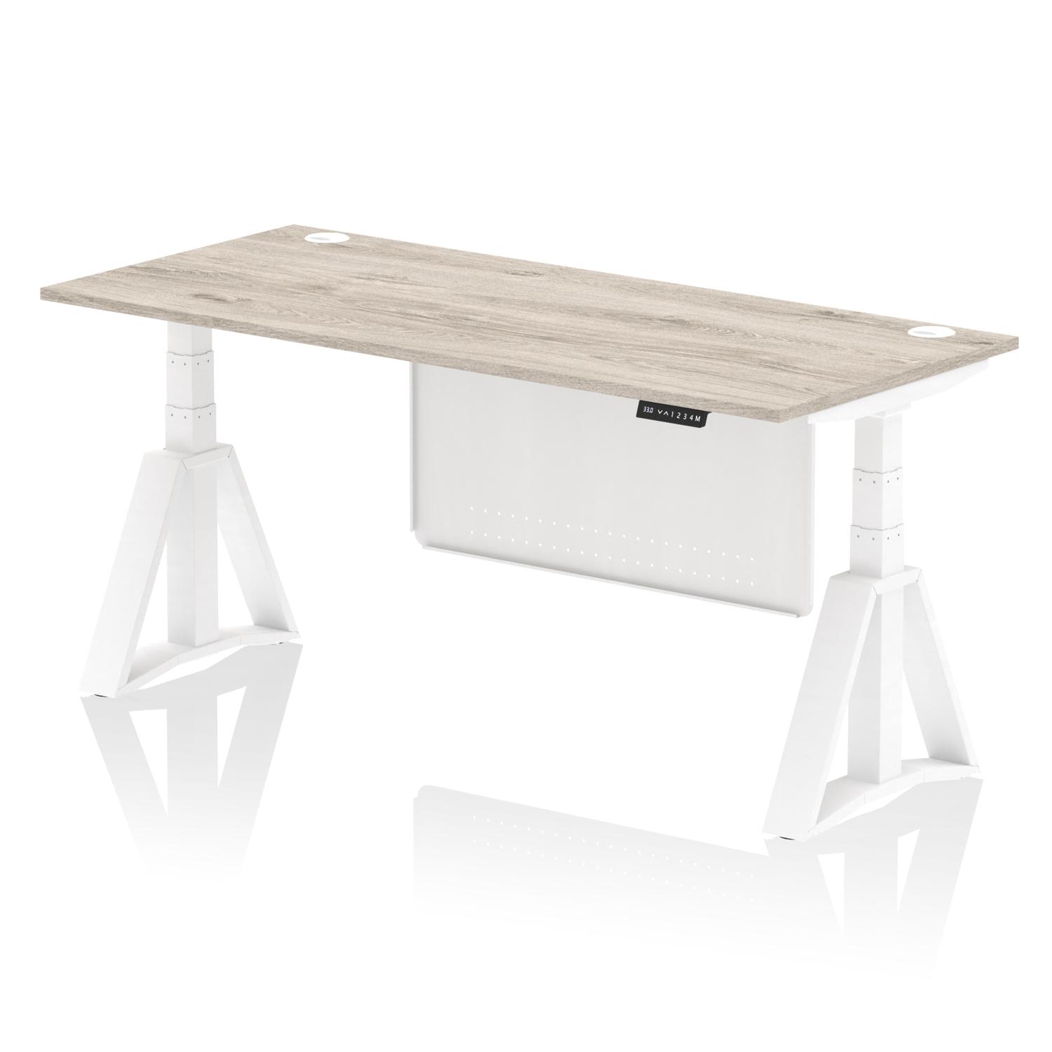 Air Modesty 1800 x 800mm Height Adjustable Office Desk Grey Oak Top Cable Ports White Leg With White Steel Modesty Panel with Piste Foot