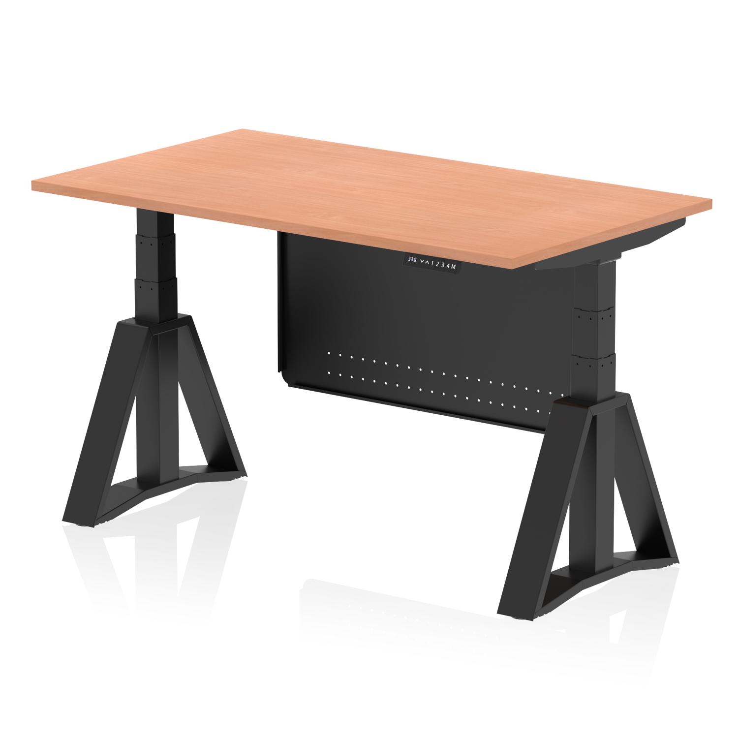 Air Modesty 1400 x 800mm Height Adjustable Office Desk Beech Top Black Leg With Black Steel Modesty Panel with Piste Foot