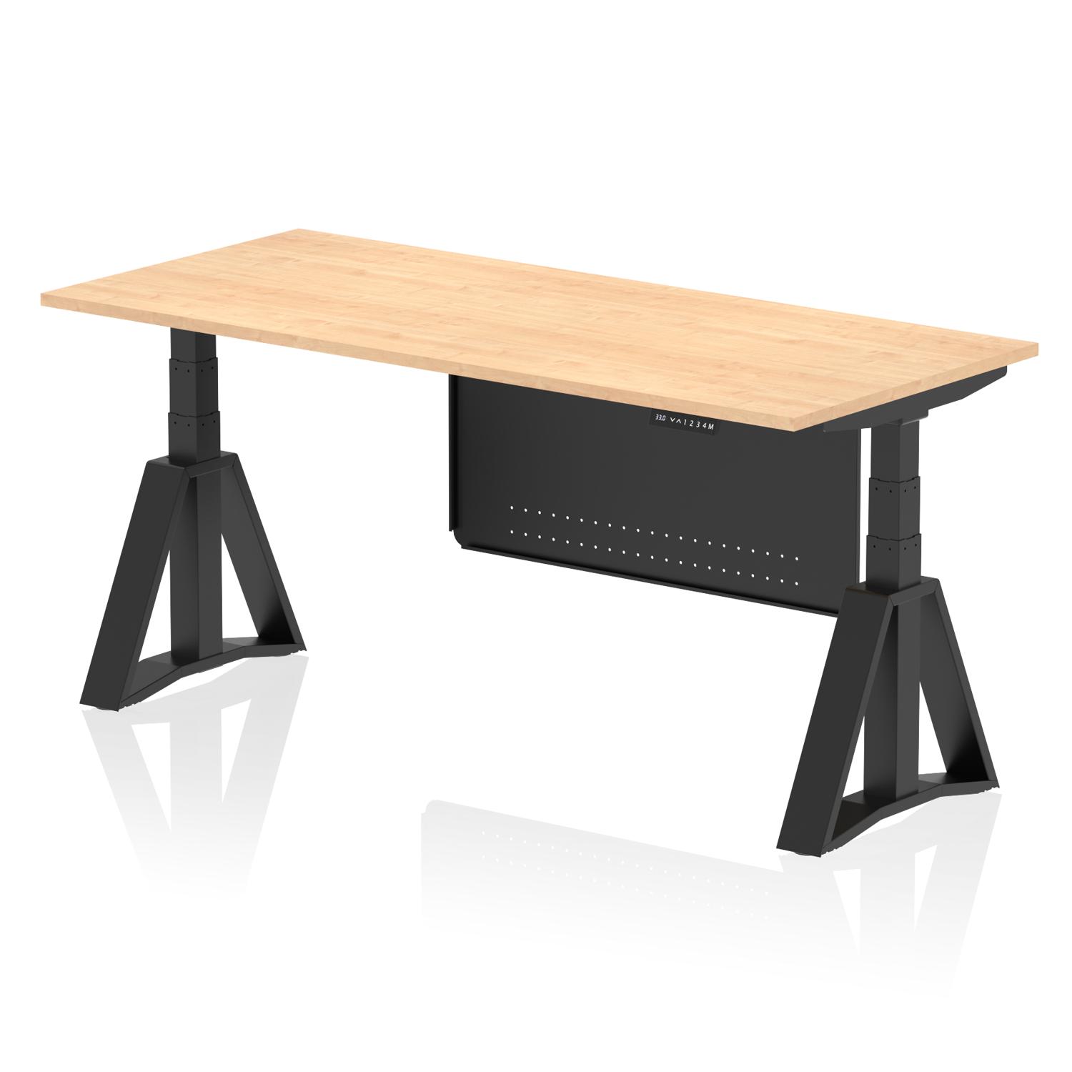 Air Modesty 1800 x 800mm Height Adjustable Office Desk Maple Top Black Leg With Black Steel Modesty Panel with Piste Foot