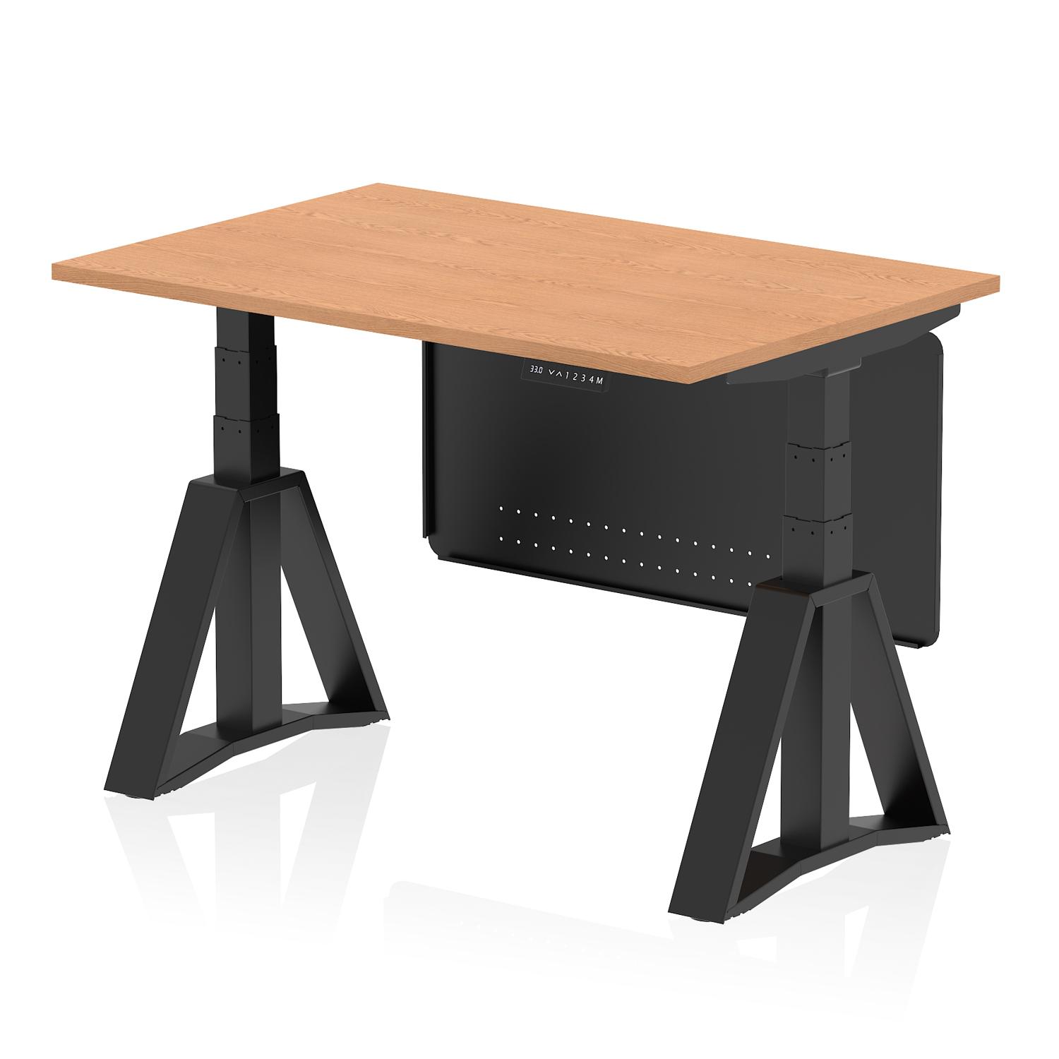 Air Modesty 1200 x 800mm Height Adjustable Office Desk Oak Top Black Leg With Black Steel Modesty Panel with Piste Foot Air Modesty 1200 x 800mm Height Adjustable Office Desk Oak Top Black Leg With Black Steel Modesty Panel with Piste Foot