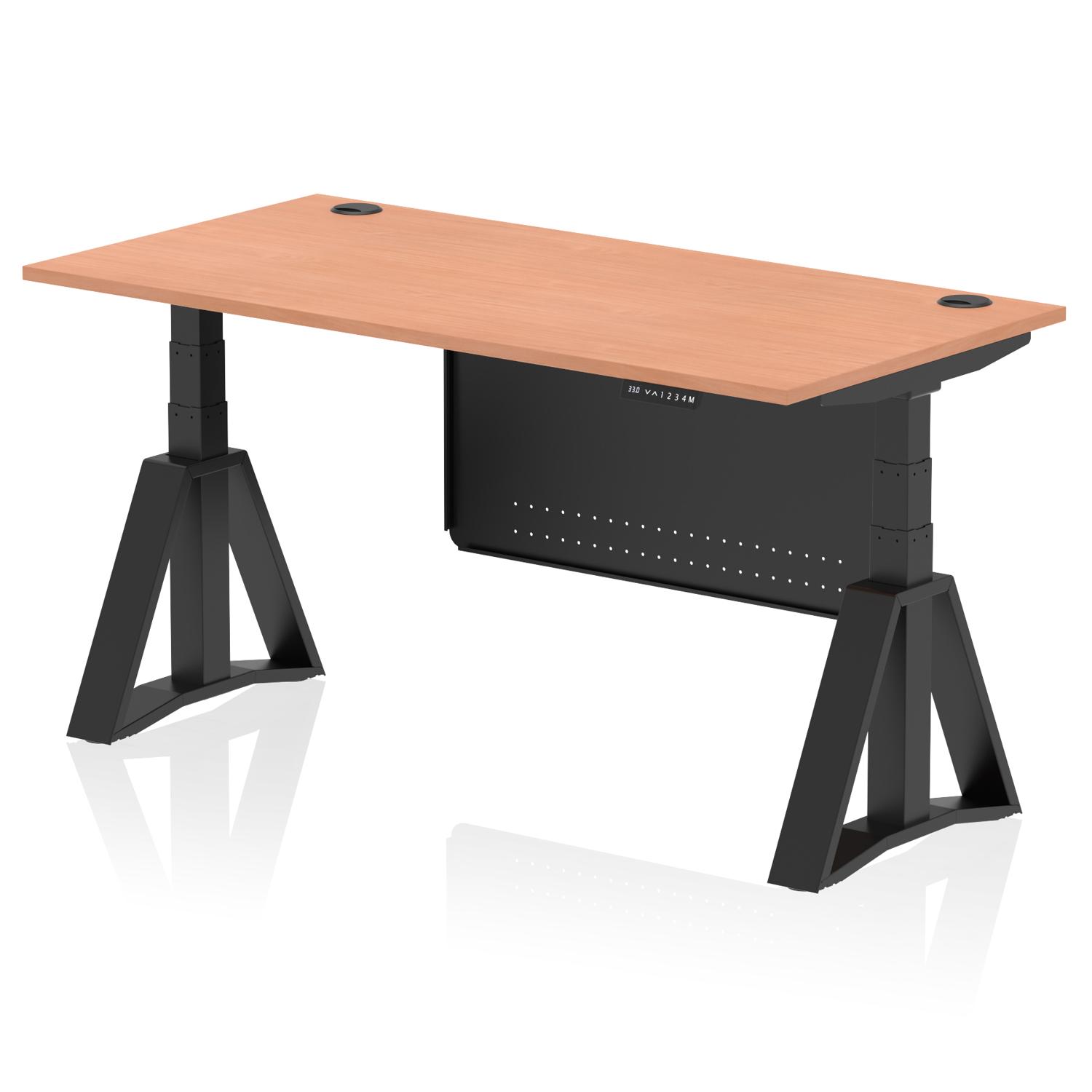 Air Modesty 1600 x 800mm Height Adjustable Office Desk Beech Top Cable Ports Black Leg With Black Steel Modesty Panel with Piste Foot