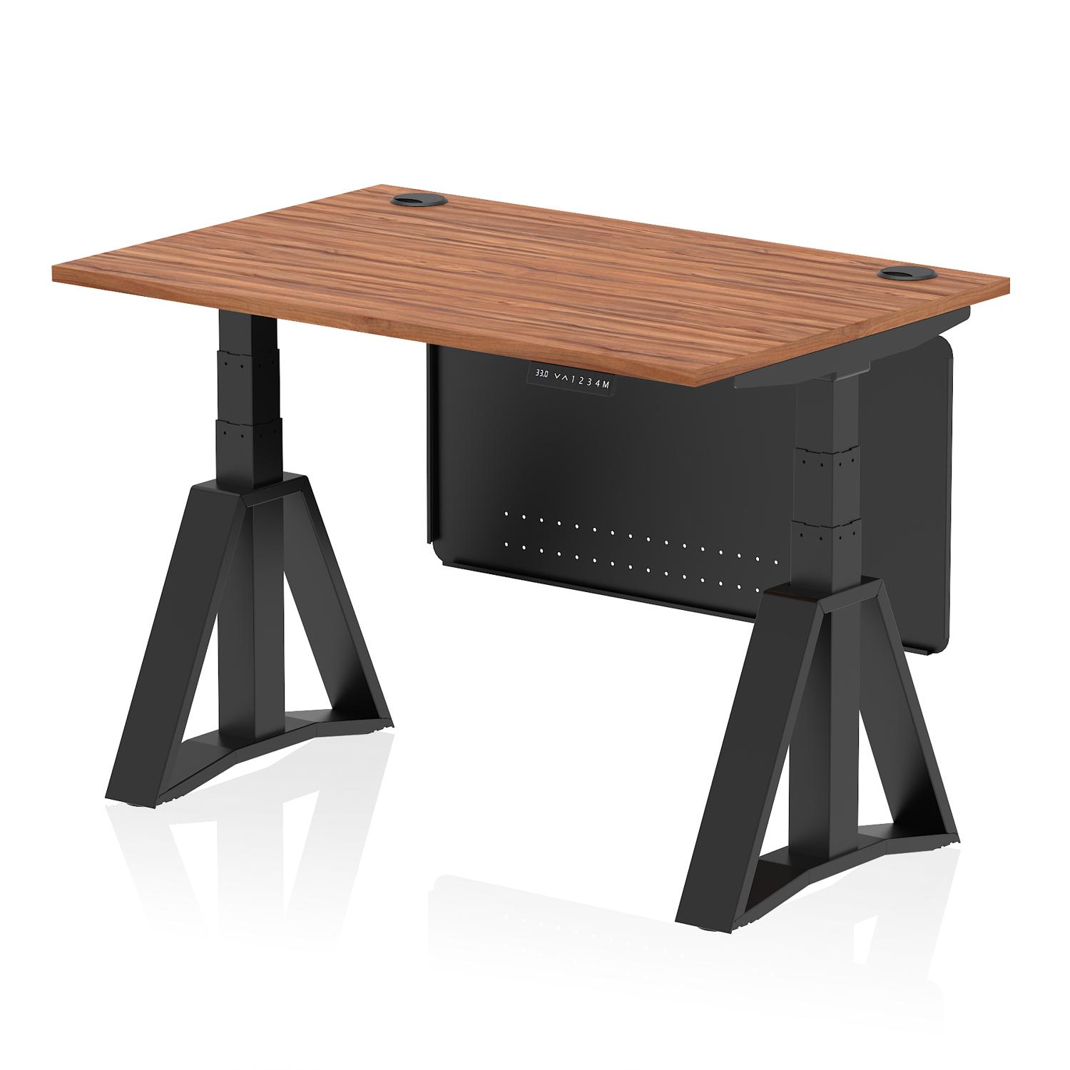Air Modesty 1200 x 800mm Height Adjustable Office Desk Walnut Top Cable Ports Black Leg With Black Steel Modesty Panel with Piste Foot