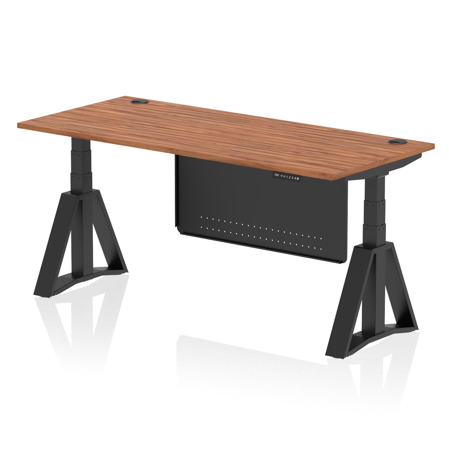Air Modesty 1800 x 800mm Height Adjustable Office Desk Walnut Top Cable Ports Black Leg With Black Steel Modesty Panel with Piste Foot