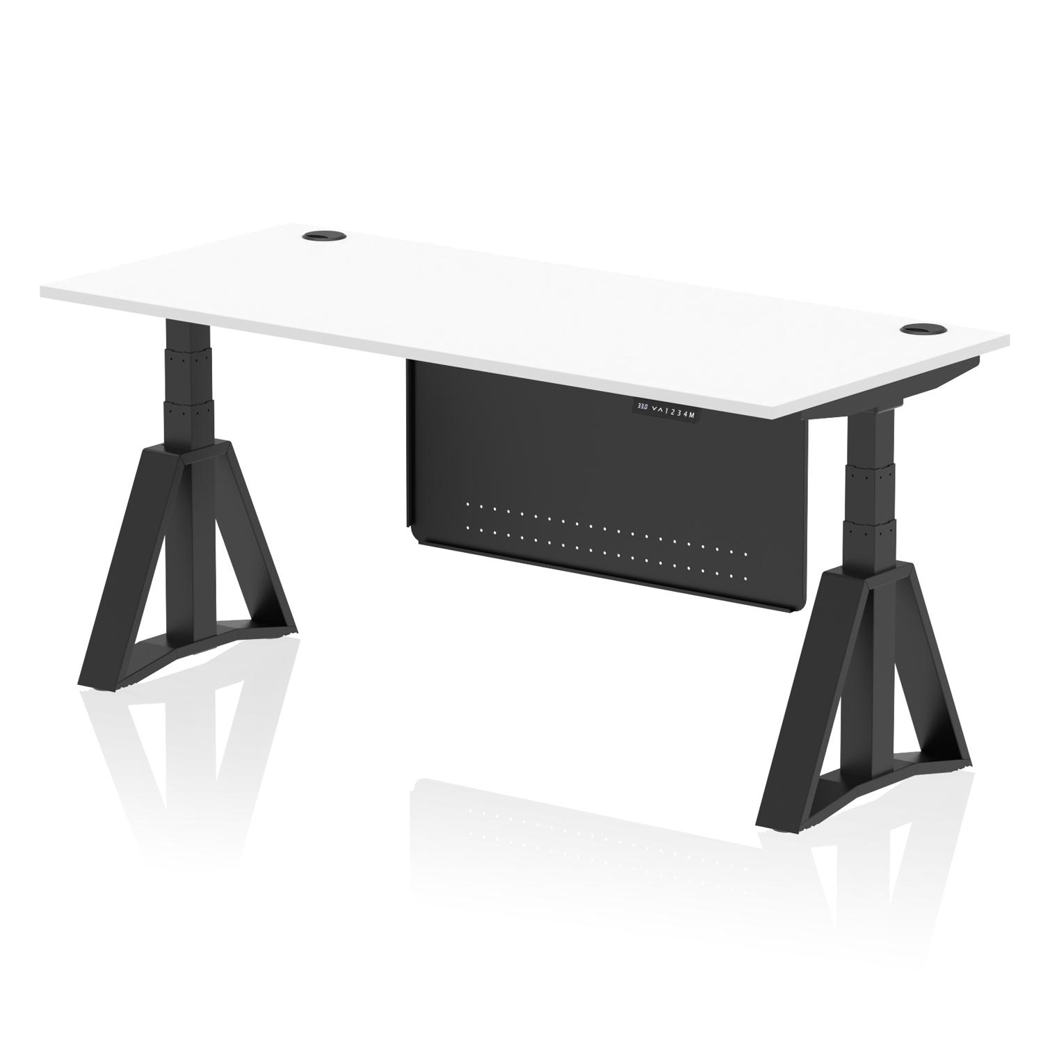 Air Modesty 1800 x 800mm Height Adjustable Office Desk White Top Cable Ports Black Leg With Black Steel Modesty Panel with Piste Foot