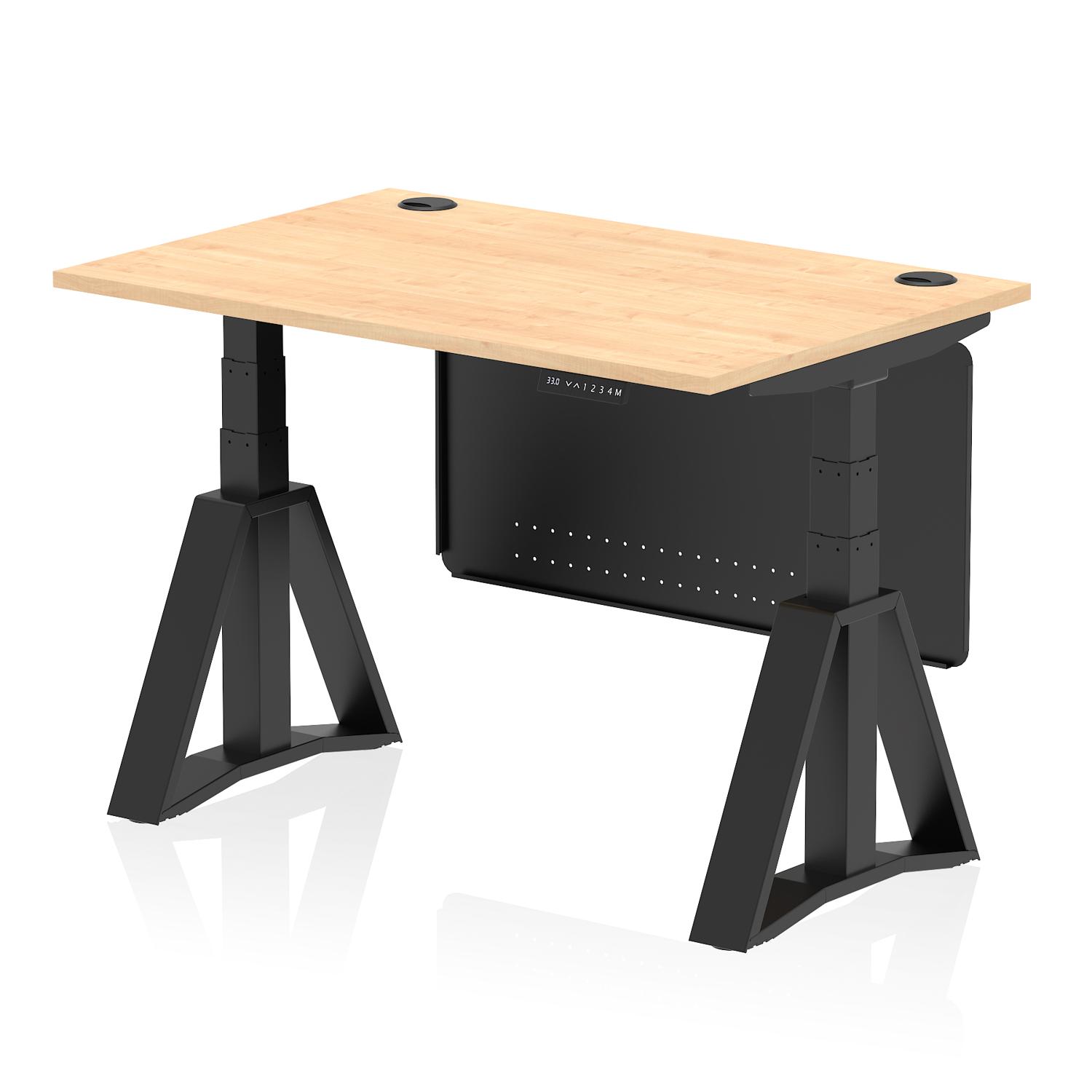 Air Modesty 1200 x 800mm Height Adjustable Office Desk Maple Top Cable Ports Black Leg With Black Steel Modesty Panel with Piste Foot