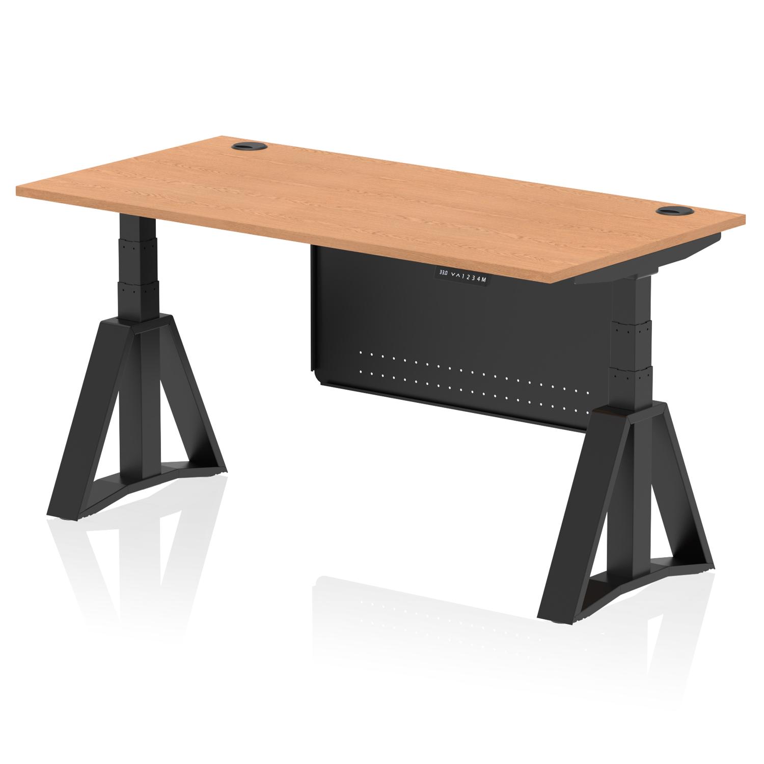 Air Modesty 1600 x 800mm Height Adjustable Office Desk Oak Top Cable Ports Black Leg With Black Steel Modesty Panel with Piste Foot