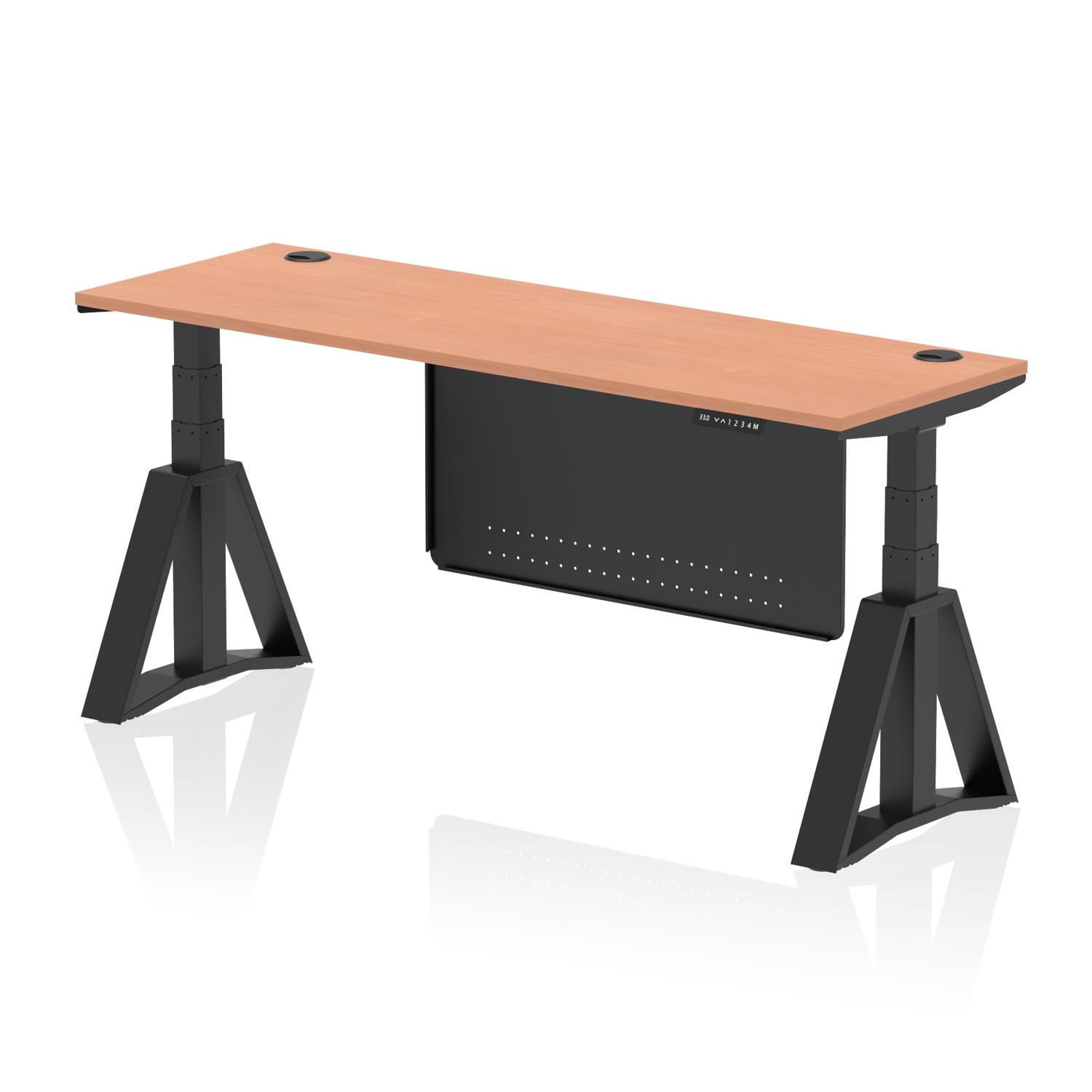 Air Modesty 1800 x 600mm Height Adjustable Office Desk Beech Top Cable Ports Black Leg With Black Steel Modesty Panel with Piste Foot