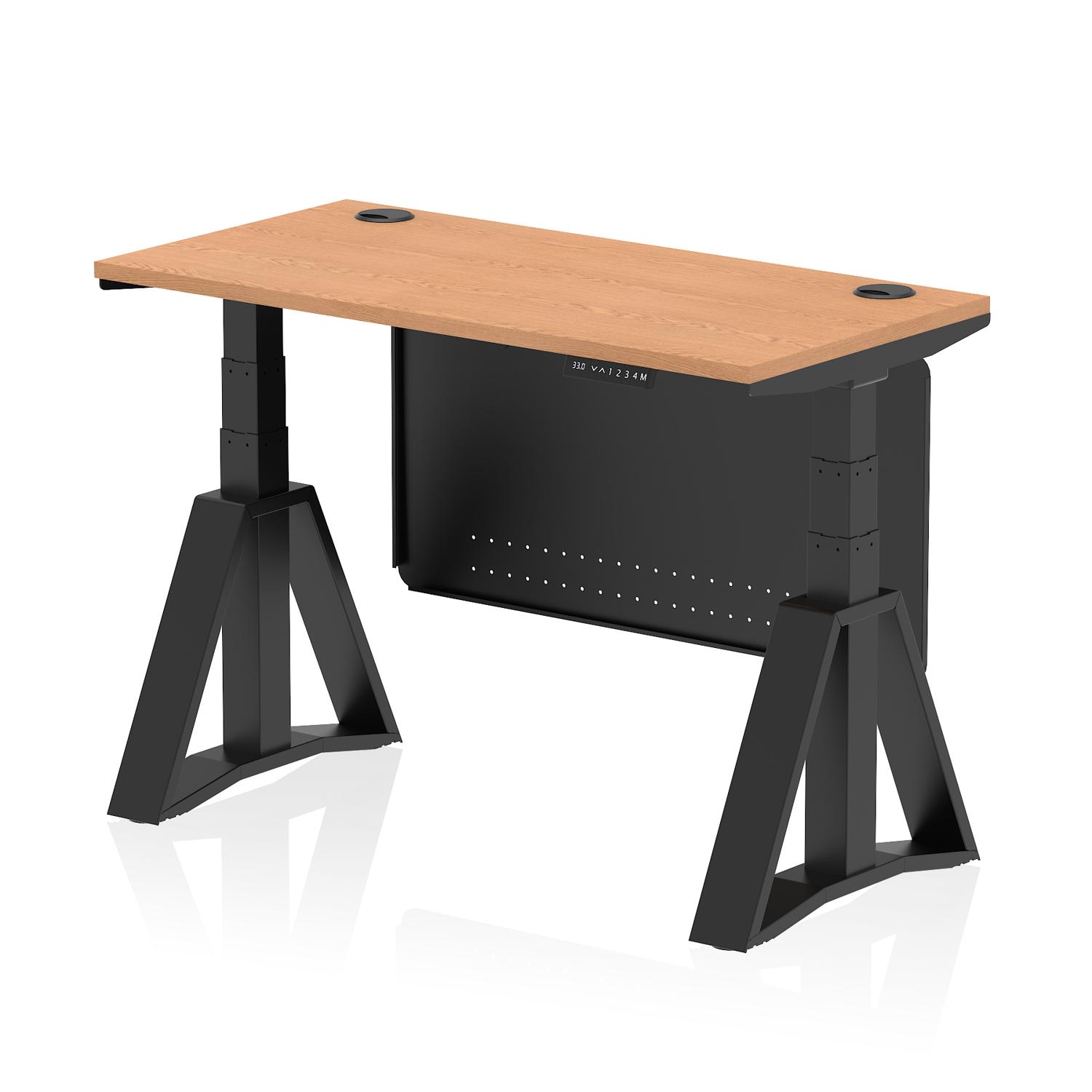 Air Modesty 1200 x 600mm Height Adjustable Office Desk Oak Top Cable Ports Black Leg With Black Steel Modesty Panel with Piste Foot Air Modesty 1200 x 600mm Height Adjustable Office Desk Oak Top Cable Ports Black Leg With Black Steel Modesty Panel with Piste Foot