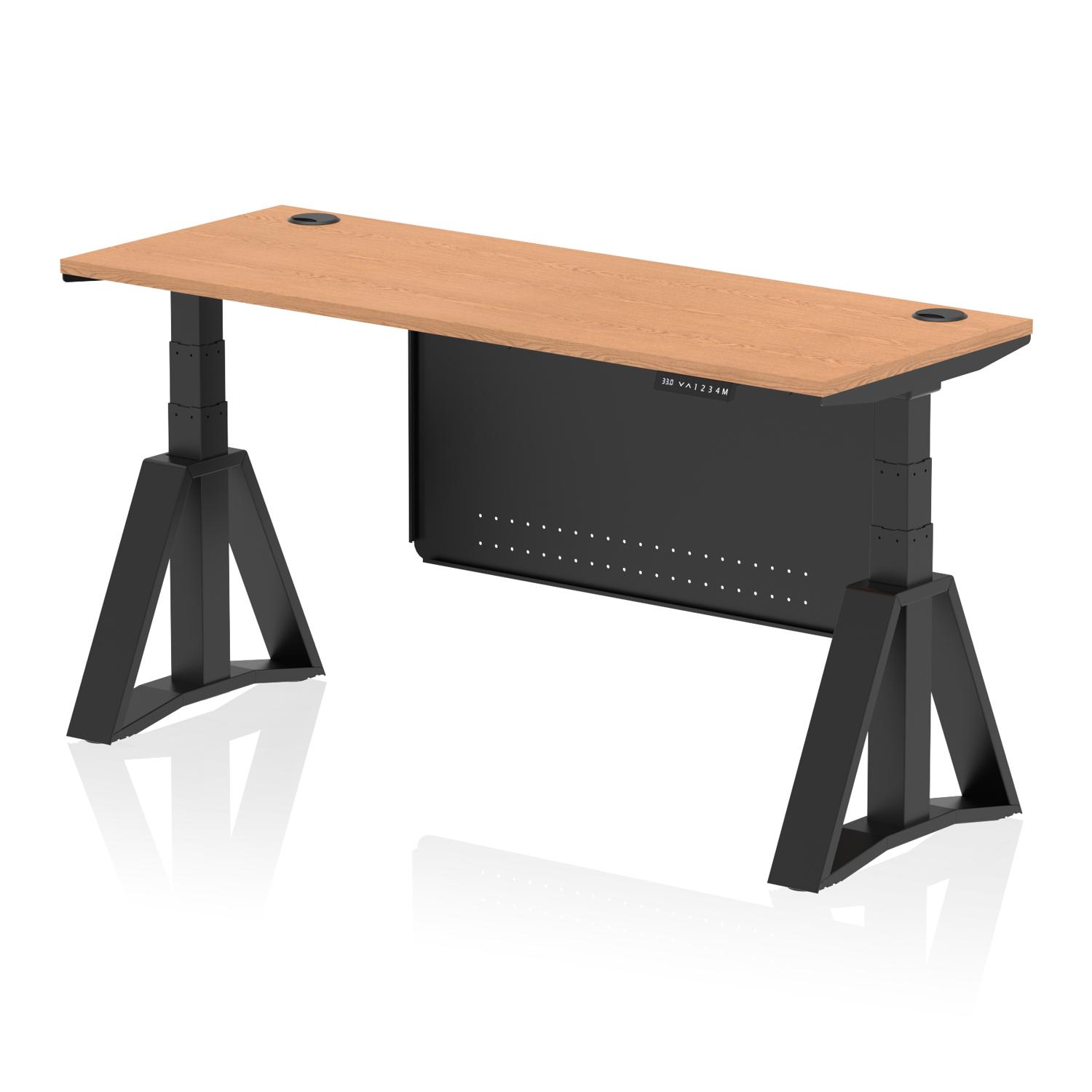 Air Modesty 1600 x 600mm Height Adjustable Office Desk Oak Top Cable Ports Black Leg With Black Steel Modesty Panel with Piste Foot