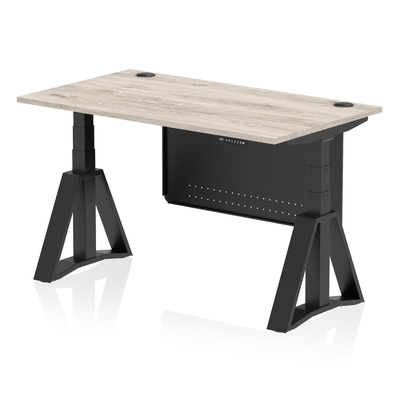 Air Modesty 1400 x 800mm Height Adjustable Office Desk Grey Oak Top Cable Ports Black Leg With Black Steel Modesty Panel with Piste Foot