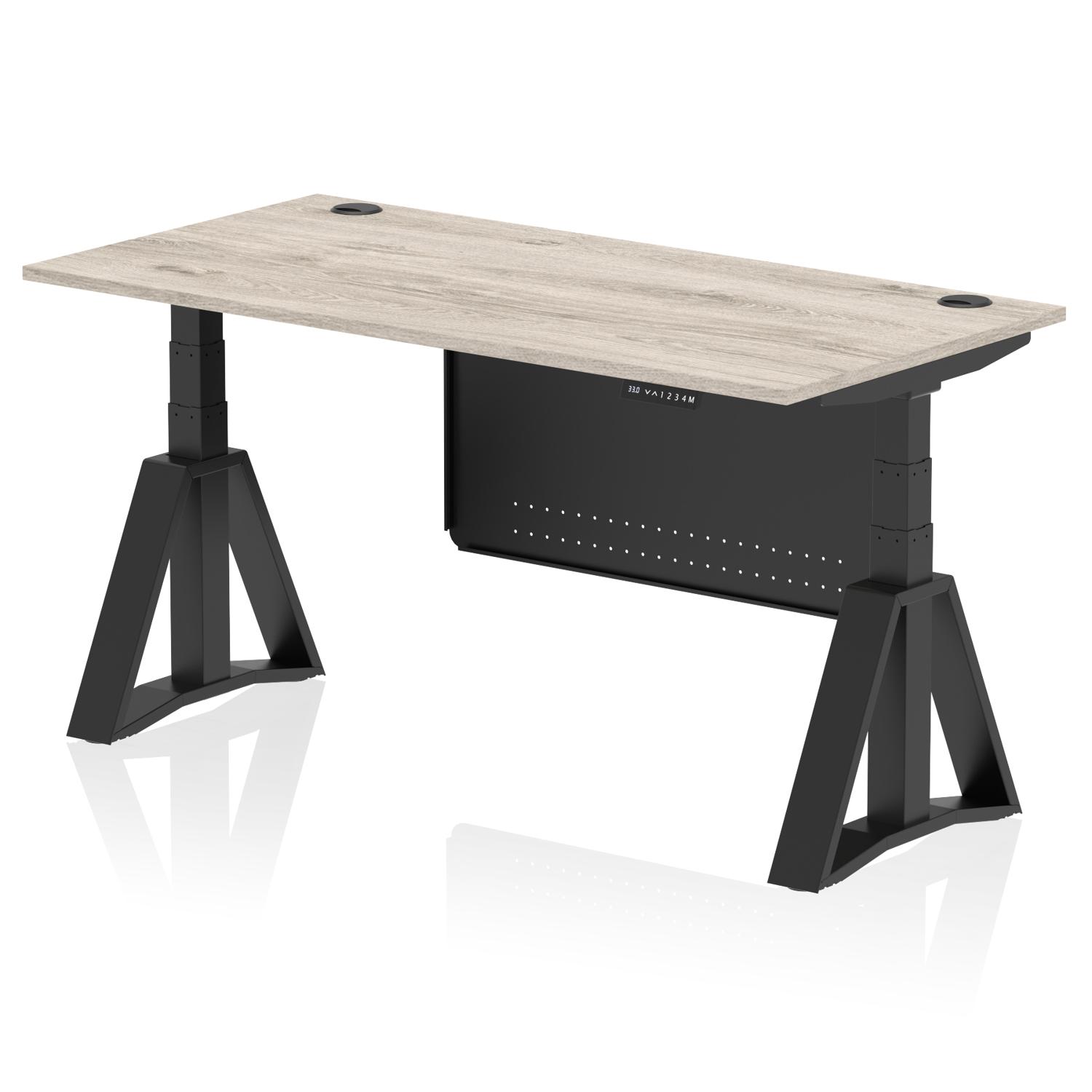 Air Modesty 1600 x 800mm Height Adjustable Office Desk Grey Oak Top Cable Ports Black Leg With Black Steel Modesty Panel with Piste Foot