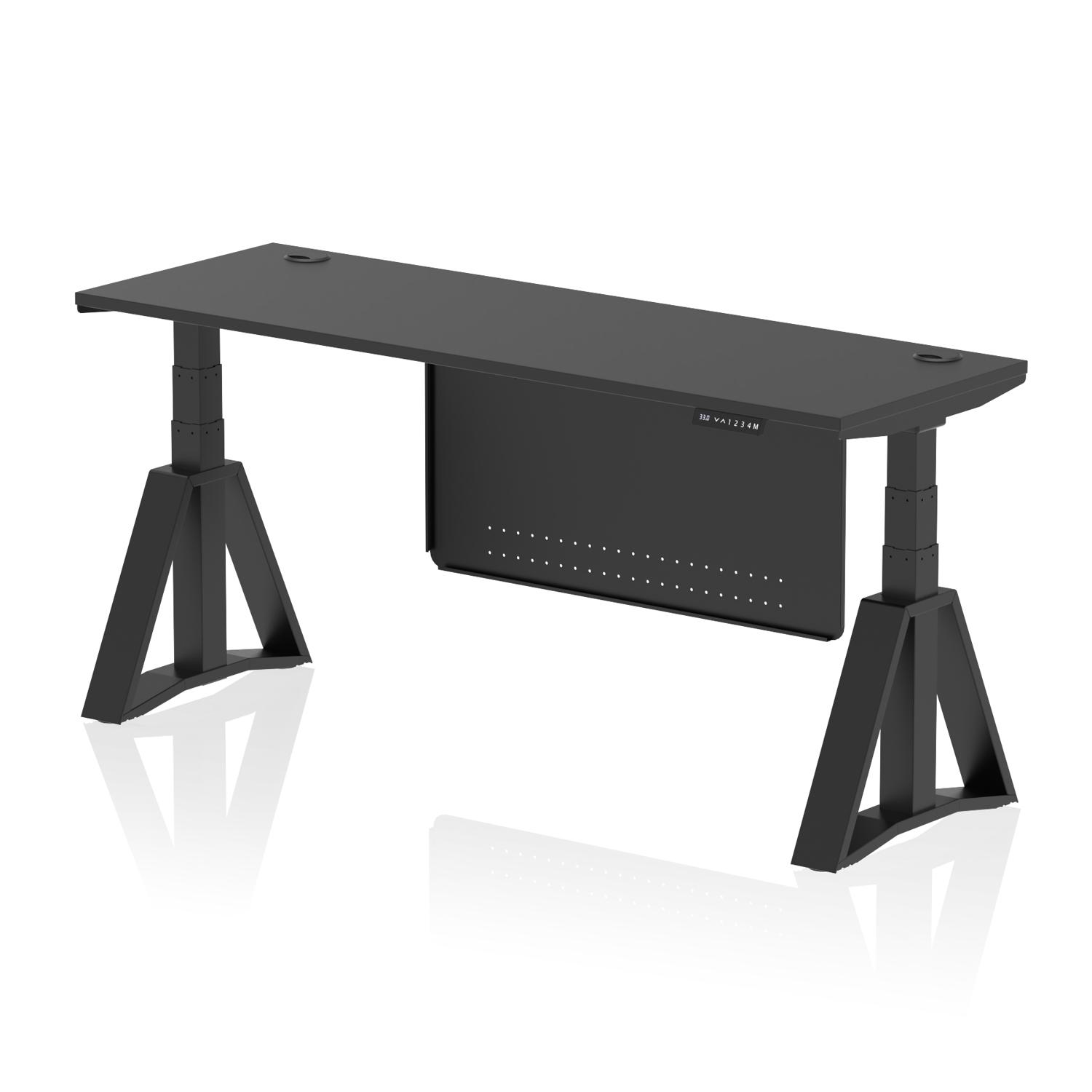 Air Modesty 1800 x 600mm Height Adjustable Office Desk Black Top Cable Ports Black Leg With Black Steel Modesty Panel with Piste Foot