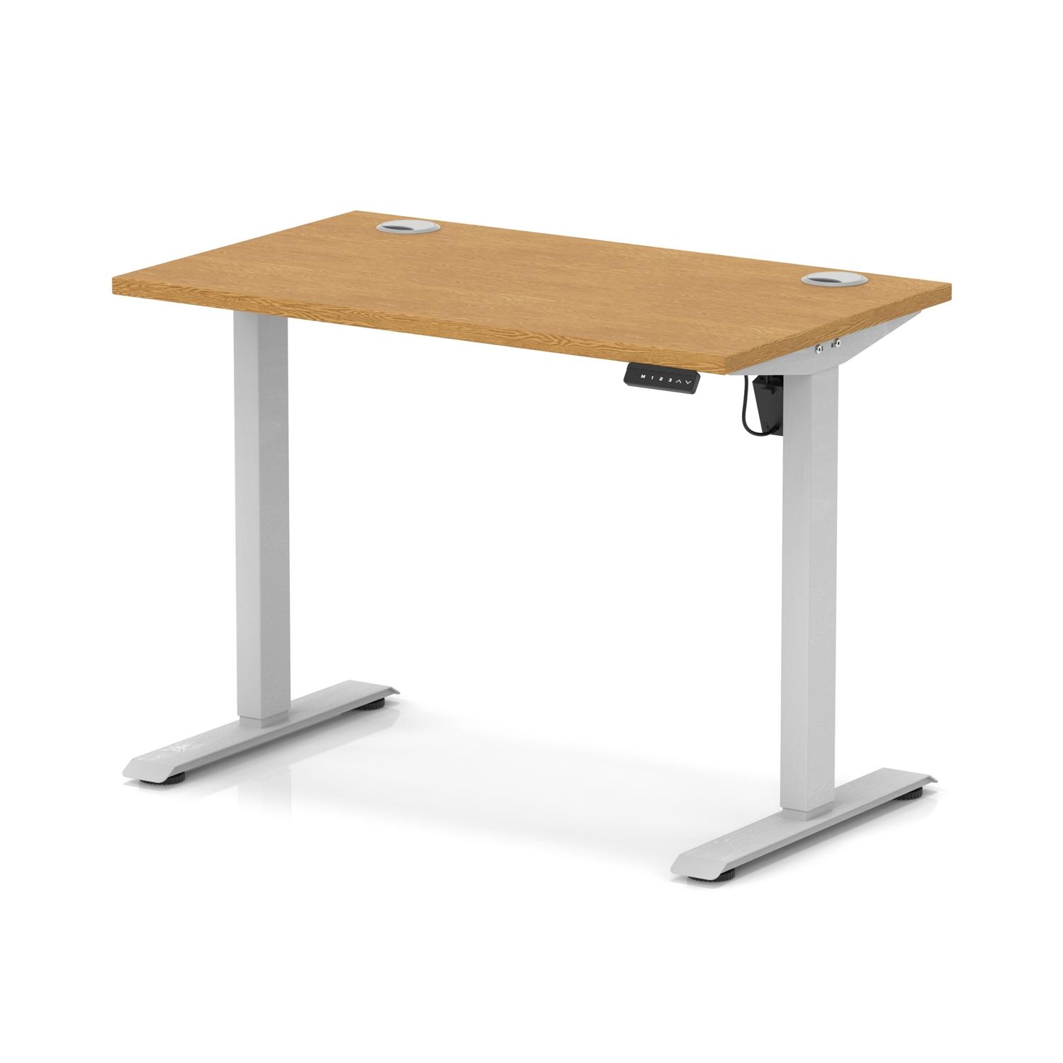Air Lite 1000 x 600mm Height Adjustable Office Desk Oak Top Cable Ports Silver Leg