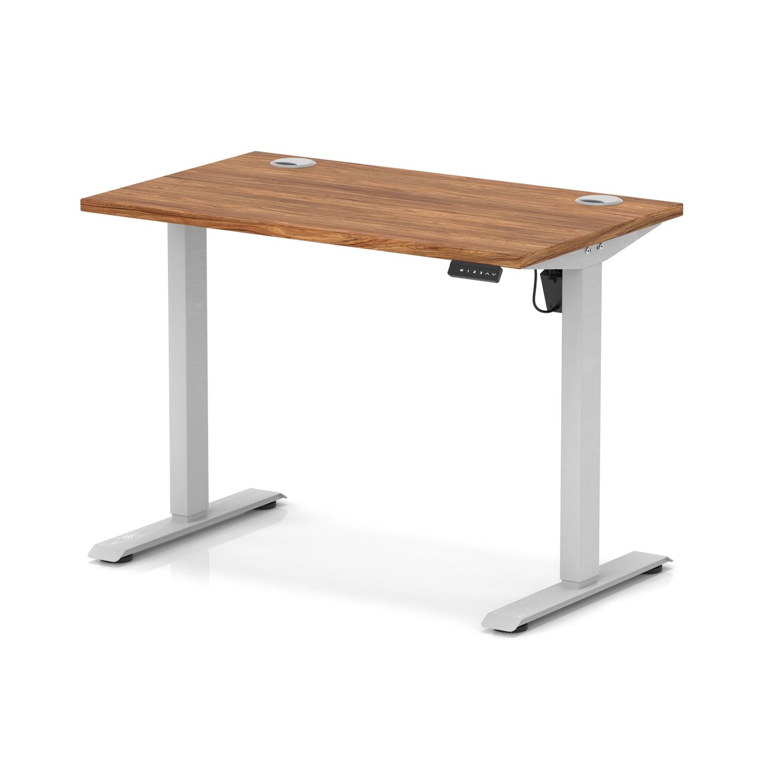 Air Lite 1000 x 600mm Height Adjustable Office Desk Walnut Top Cable Ports Silver Leg