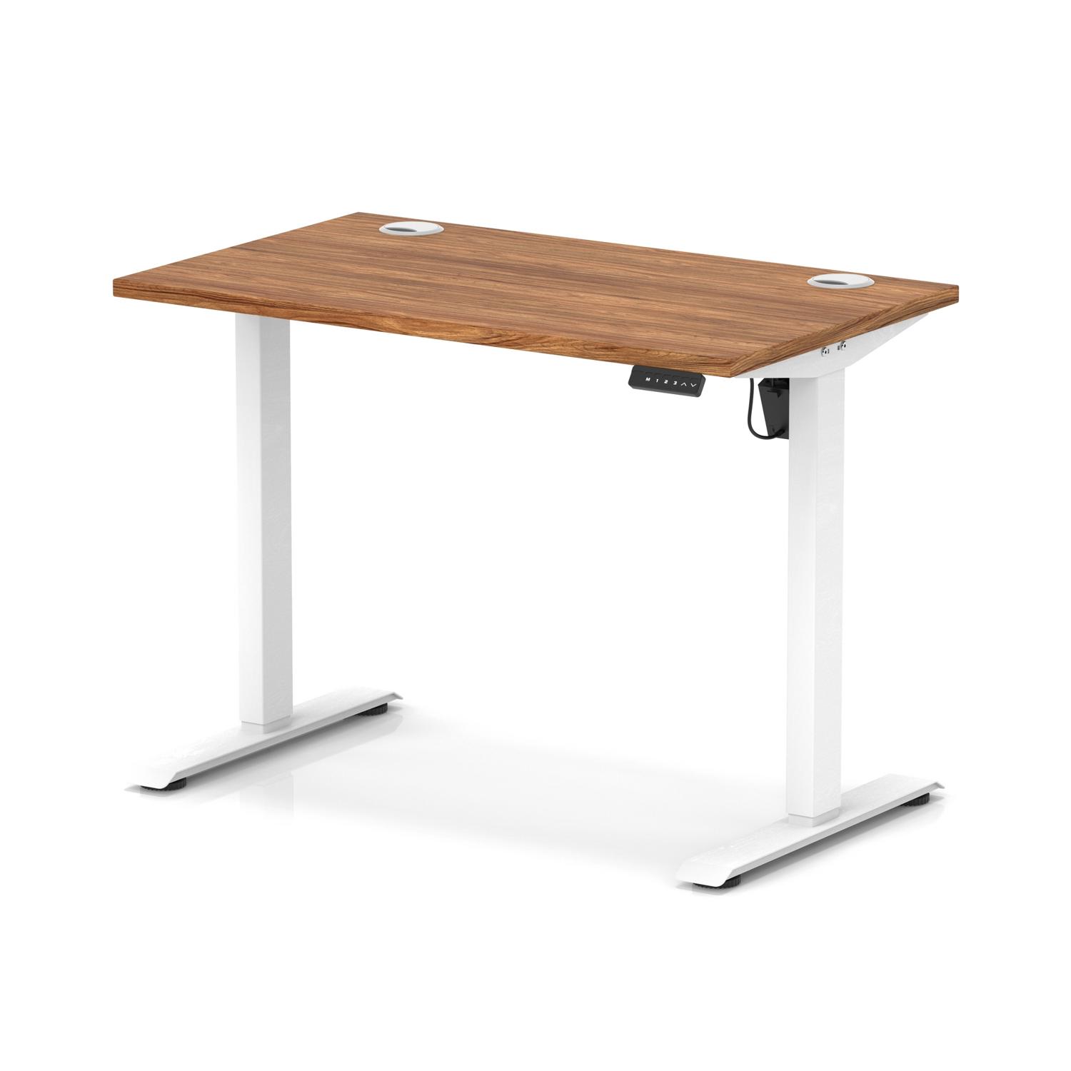 Air Lite 1000 x 600mm Height Adjustable Office Desk Walnut Top Cable Ports White Leg