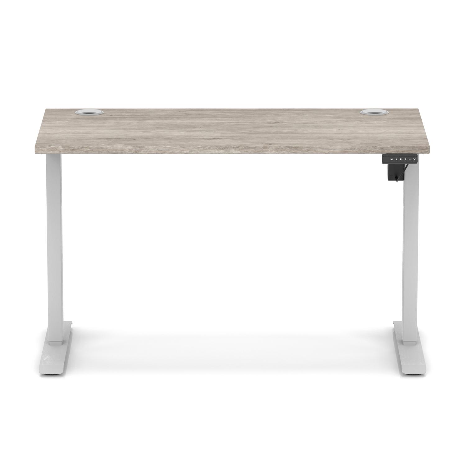 Air Lite 1200 x 600mm Height Adjustable Office Desk Grey Oak Top Cable Ports Silver Leg