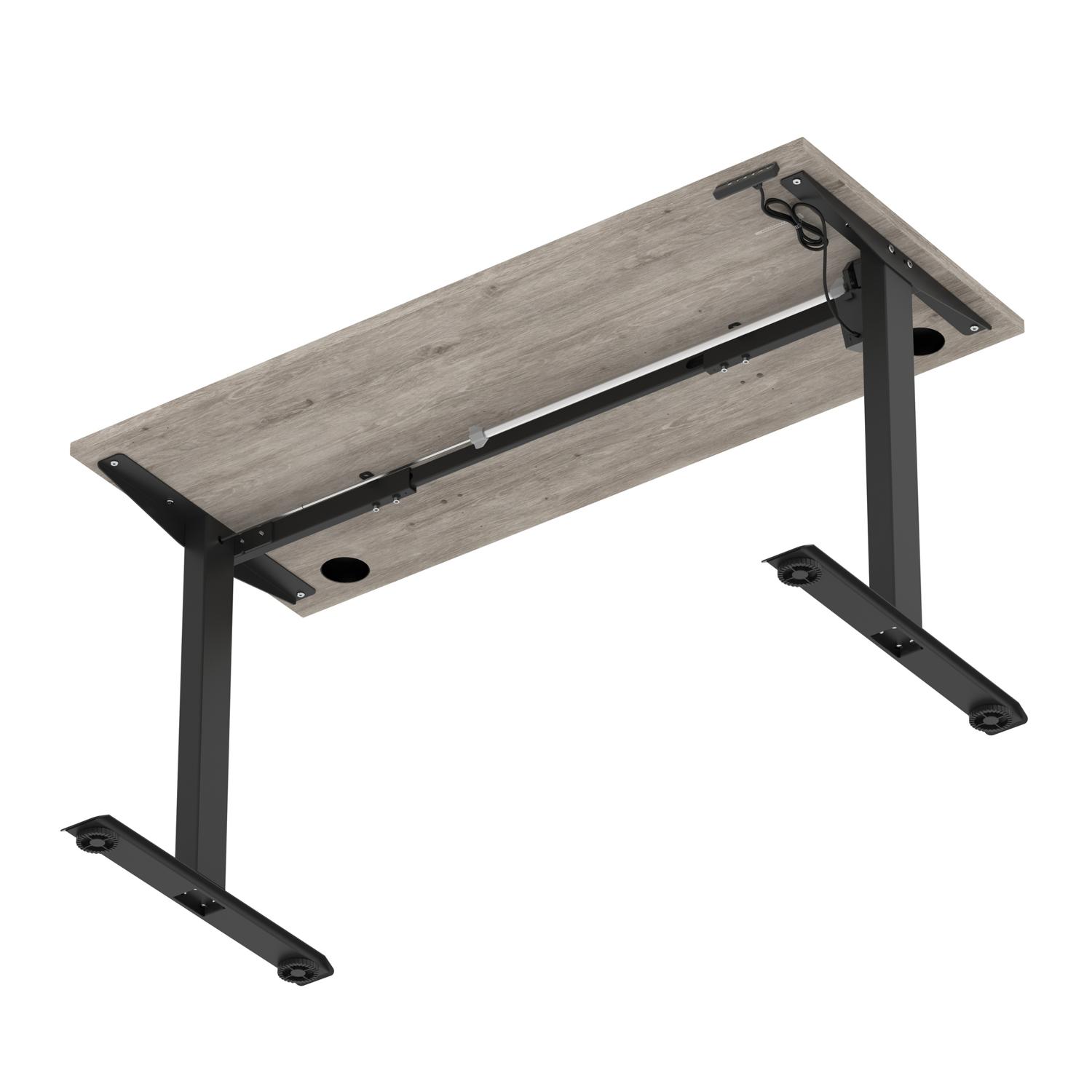 Air Lite 1400 x 600mm Height Adjustable Office Desk Grey Oak Top Cable Ports Black Leg