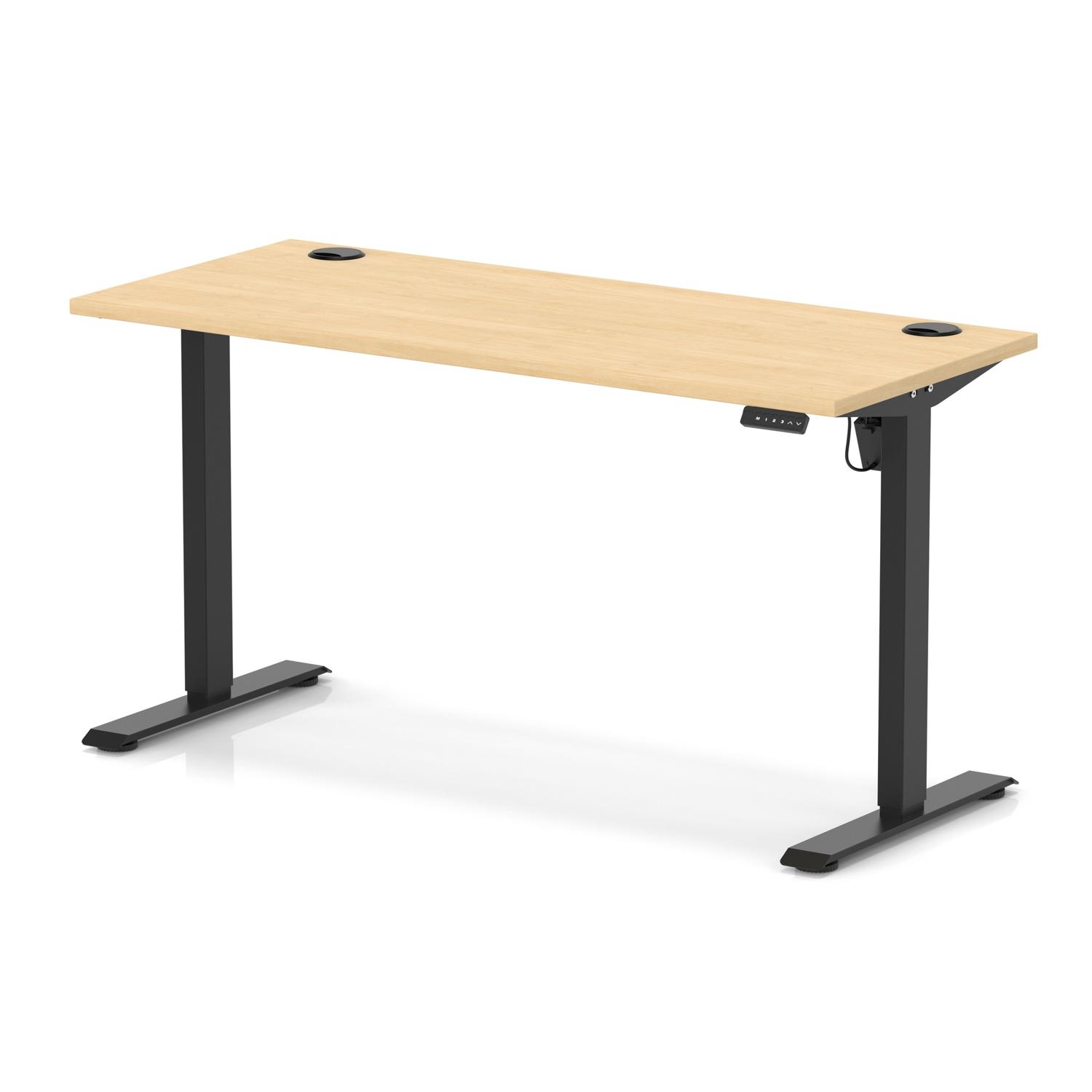 Air Lite 1400 x 600mm Height Adjustable Office Desk Maple Top Cable Ports Black Leg