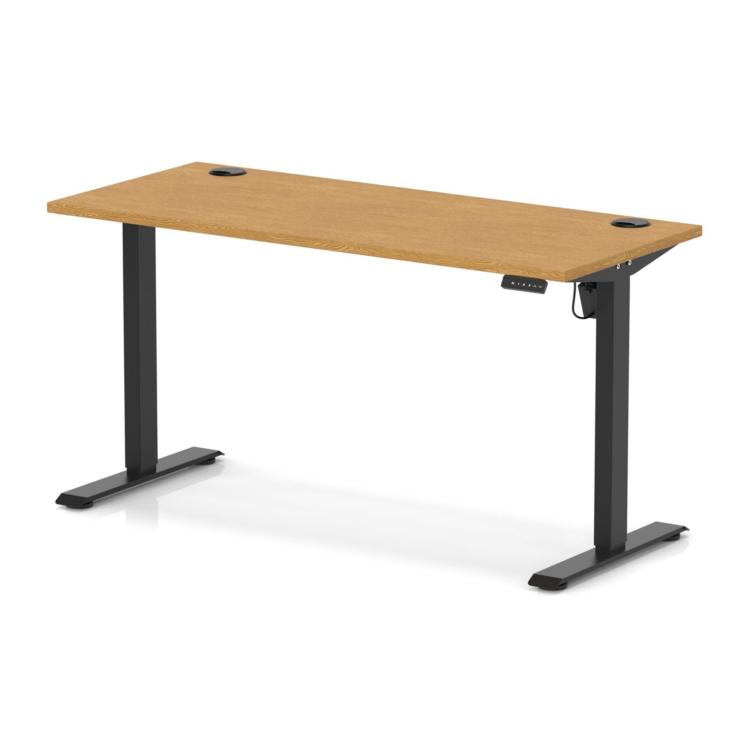 Air Lite 1400 x 600mm Height Adjustable Office Desk Oak Top Cable Ports Black Leg