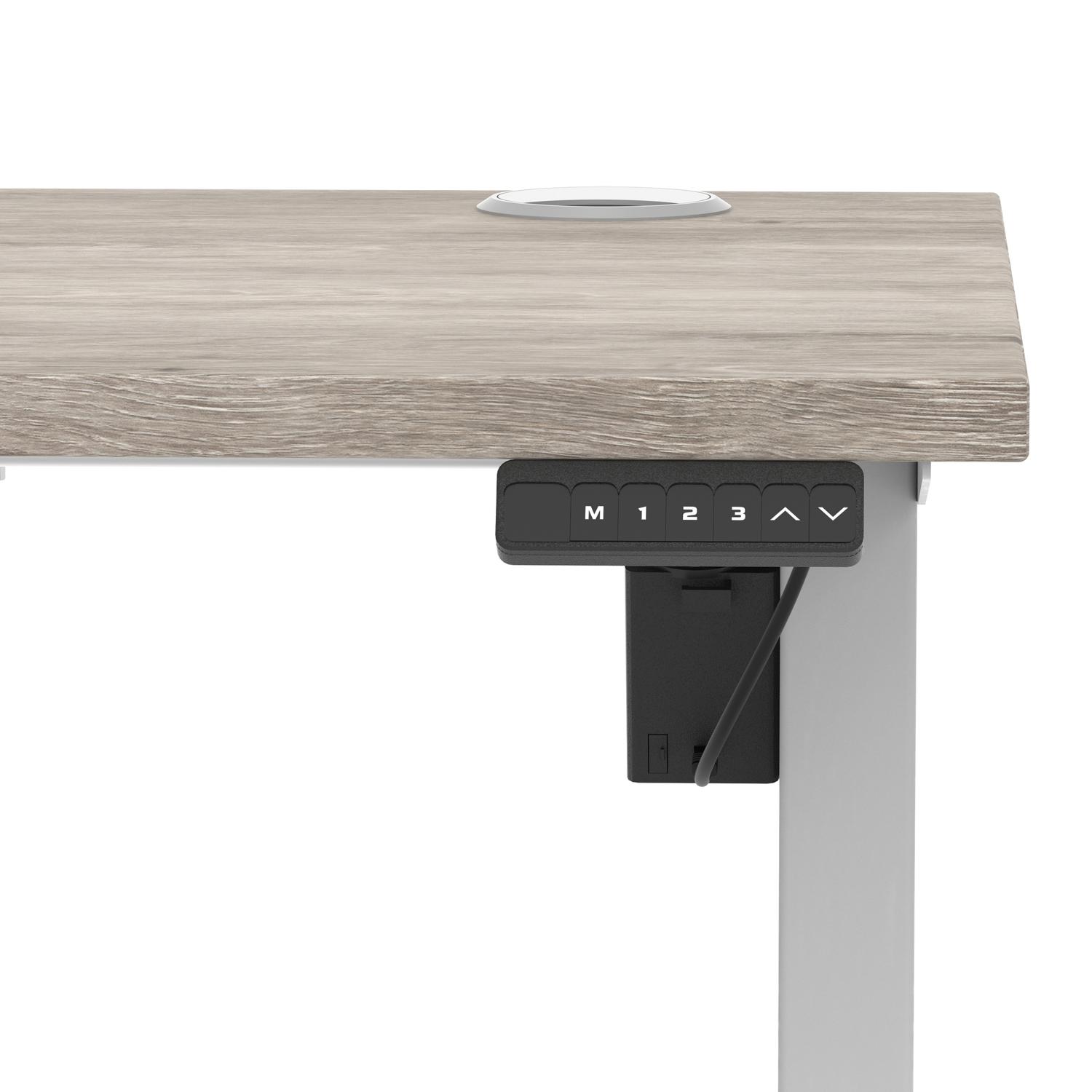 Air Lite 1400 x 600mm Height Adjustable Office Desk Grey Oak Top Cable Ports Silver Leg