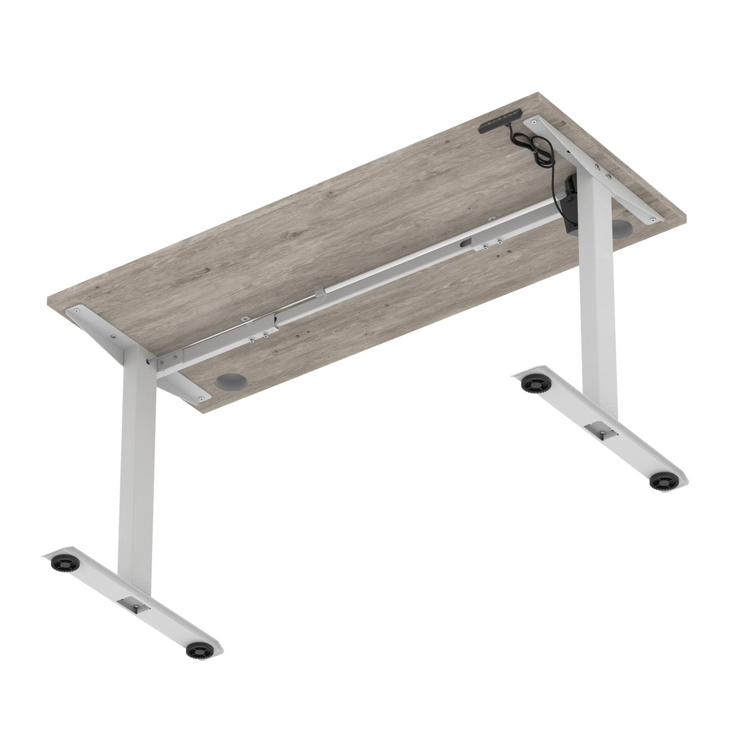 Air Lite 1400 x 600mm Height Adjustable Office Desk Grey Oak Top Cable Ports Silver Leg