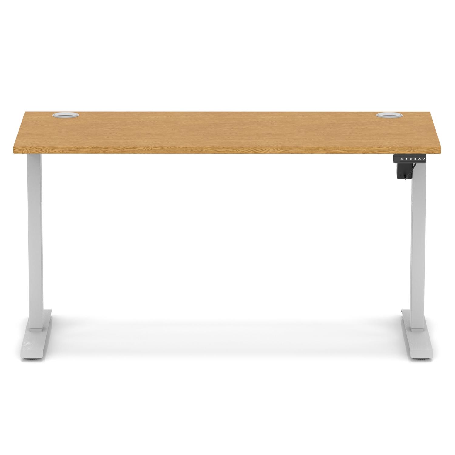 Air Lite 1400 x 600mm Height Adjustable Office Desk Oak Top Cable Ports Silver Leg