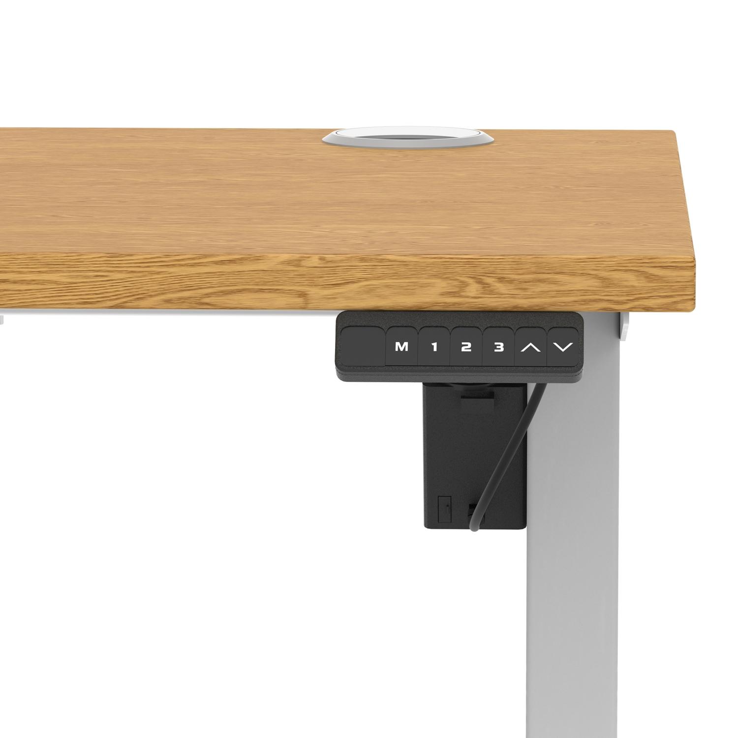 Air Lite 1400 x 600mm Height Adjustable Office Desk Oak Top Cable Ports Silver Leg