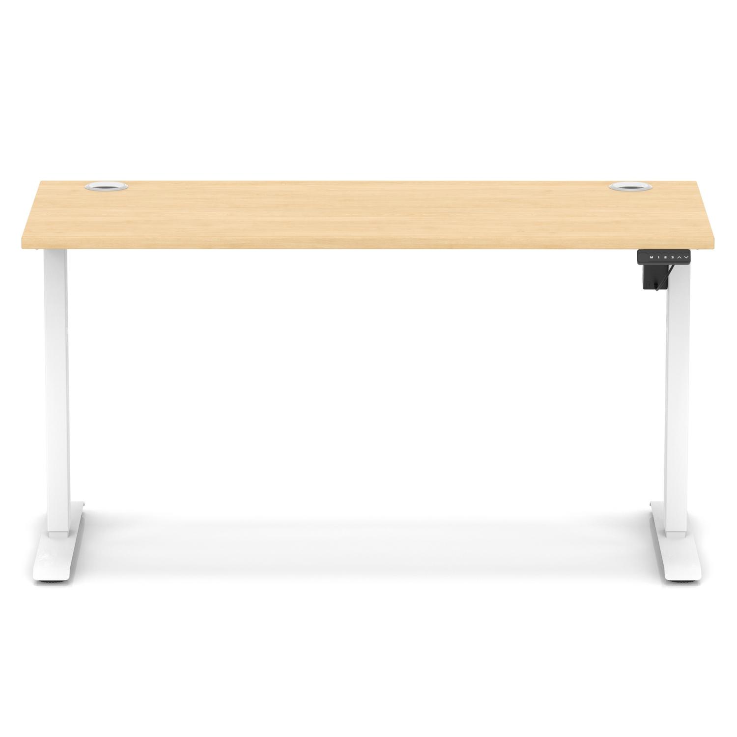 Air Lite 1400 x 600mm Height Adjustable Office Desk Maple Top Cable Ports White Leg