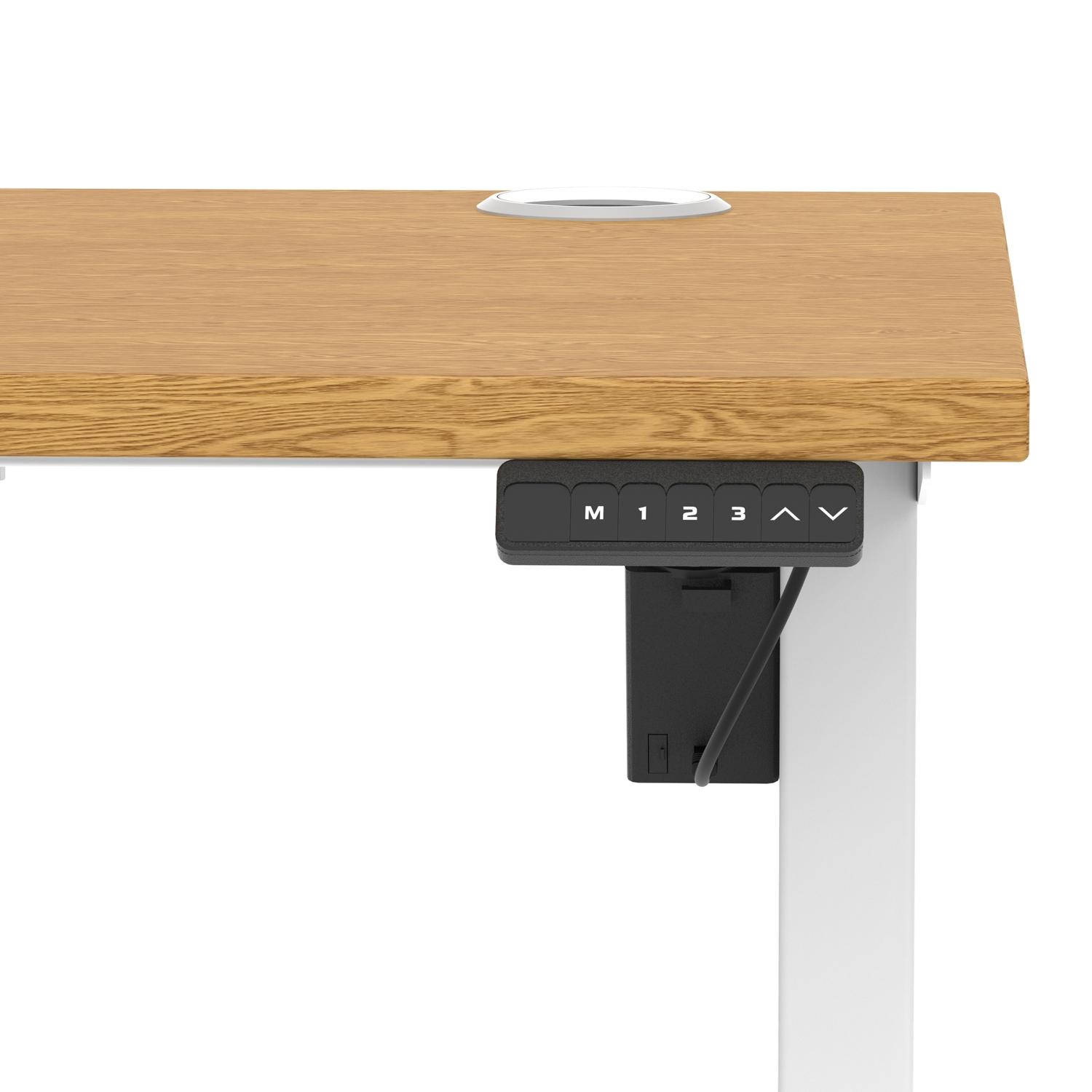 Air Lite 1400 x 600mm Height Adjustable Office Desk Oak Top Cable Ports White Leg