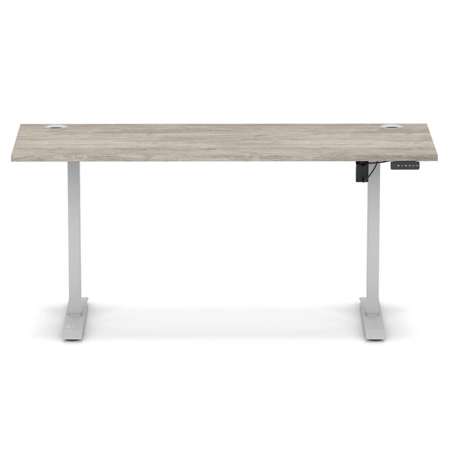 Air Lite 1600 x 600mm Height Adjustable Office Desk Grey Oak Top Cable Ports Silver Leg