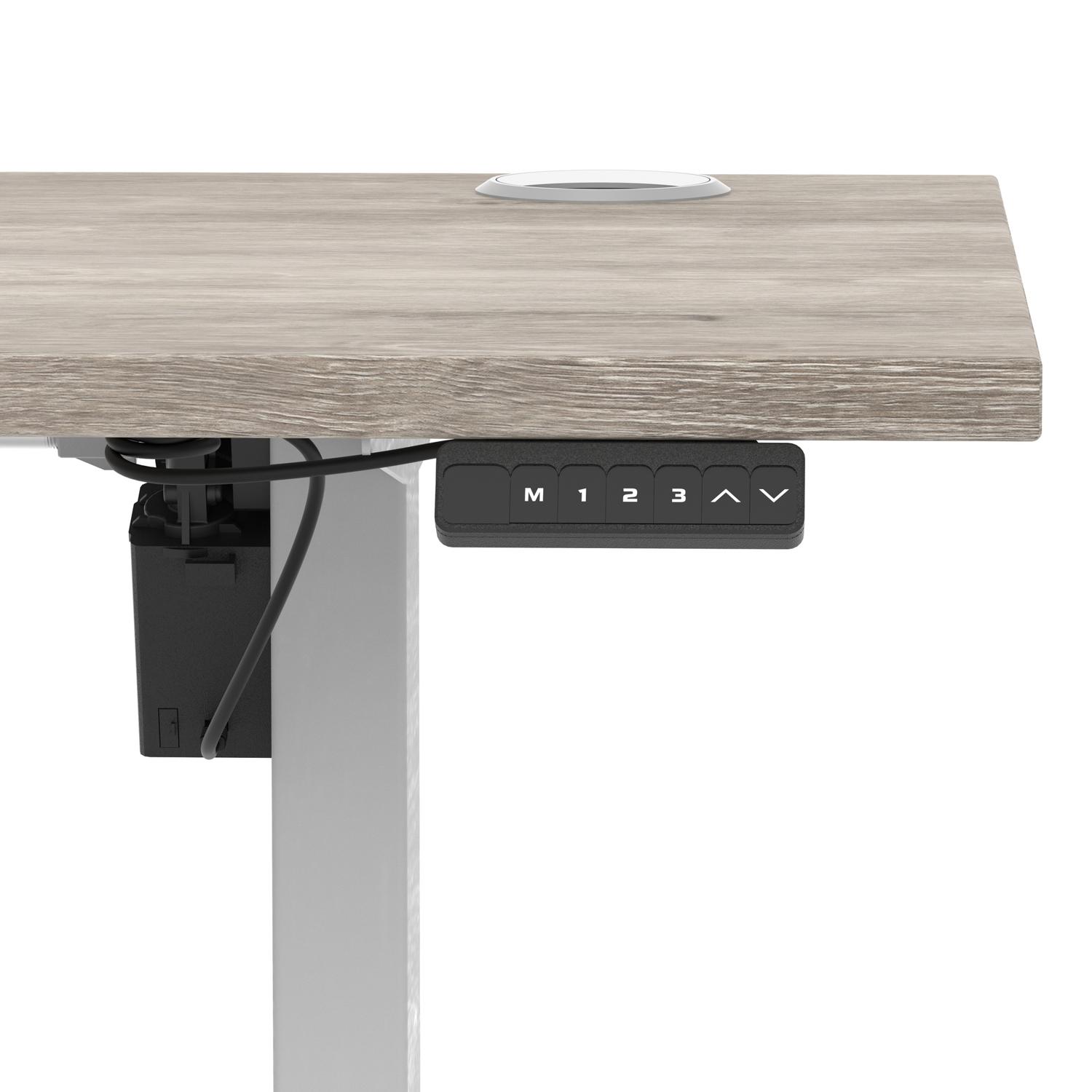 Air Lite 1600 x 600mm Height Adjustable Office Desk Grey Oak Top Cable Ports Silver Leg