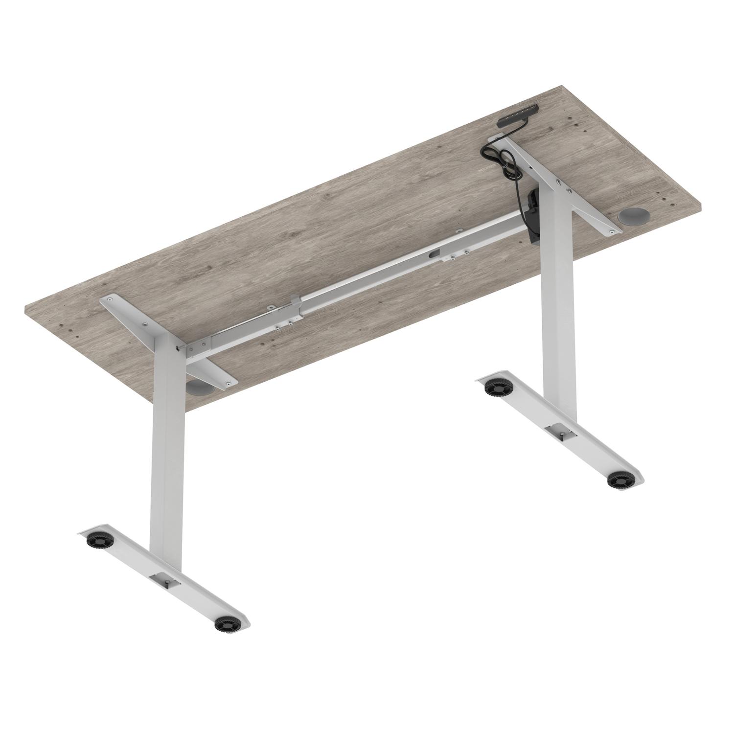 Air Lite 1600 x 600mm Height Adjustable Office Desk Grey Oak Top Cable Ports Silver Leg