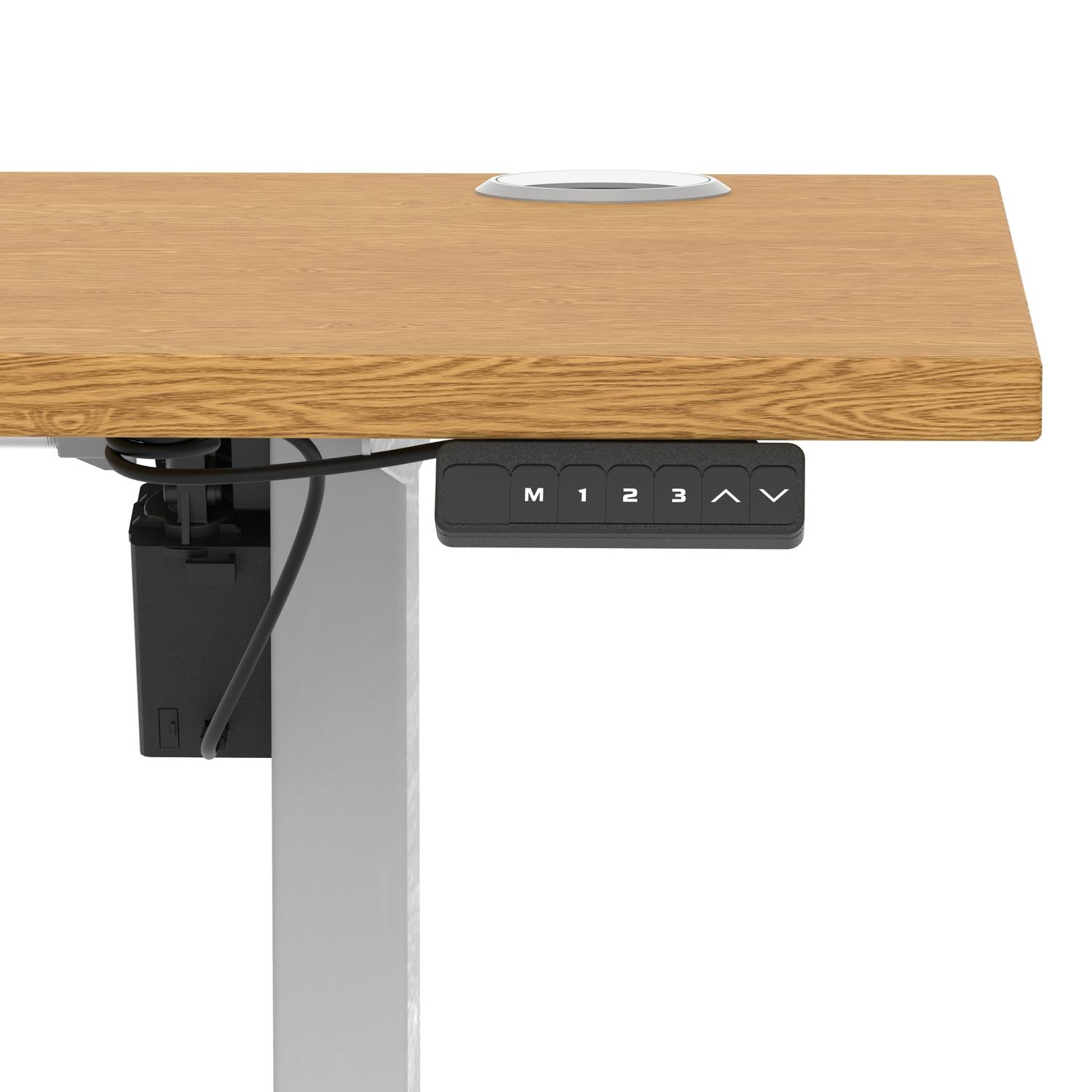 Air Lite 1600 x 600mm Height Adjustable Office Desk Oak Top Cable Ports Silver Leg