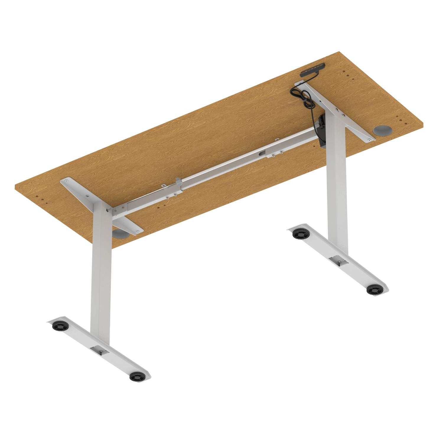 Air Lite 1600 x 600mm Height Adjustable Office Desk Oak Top Cable Ports Silver Leg
