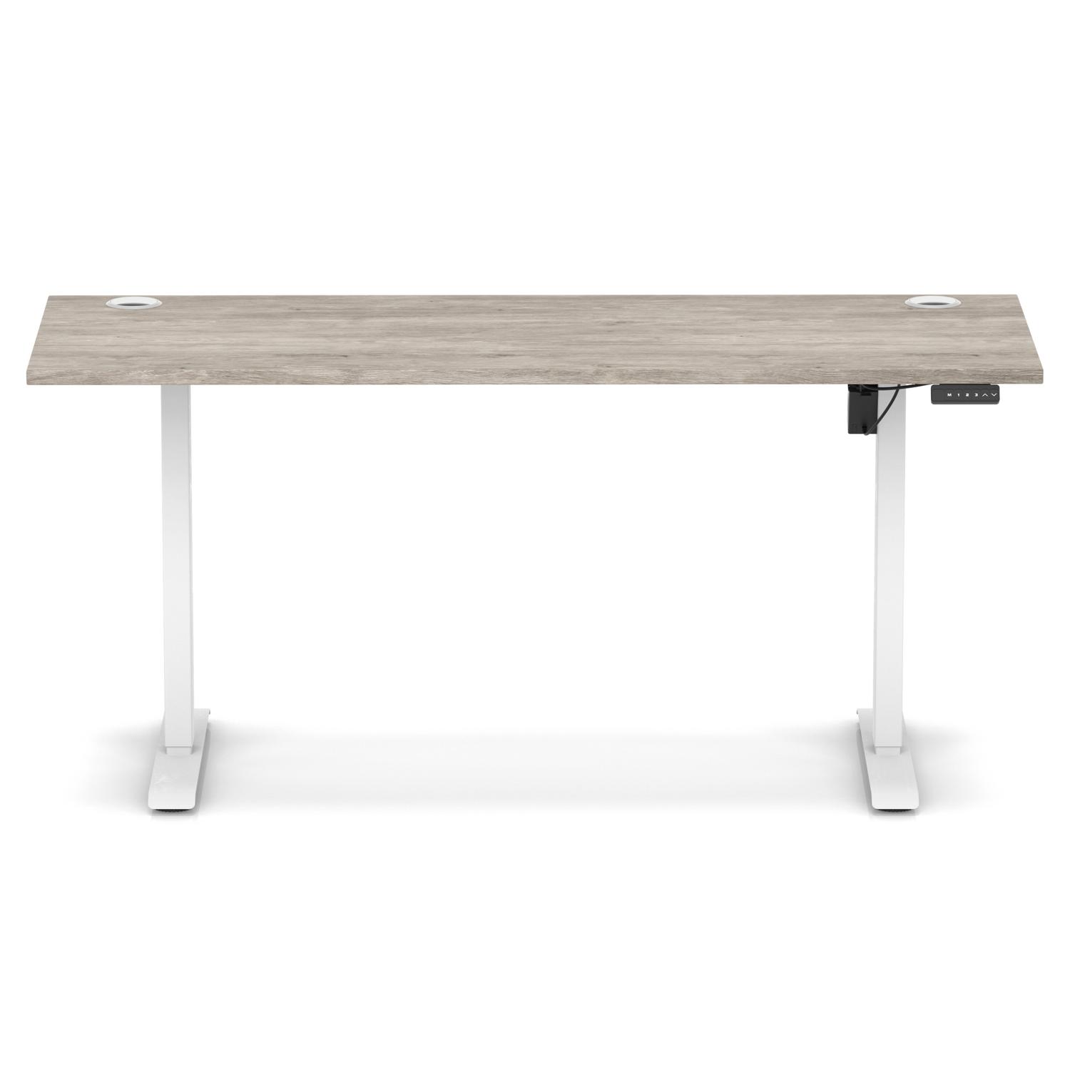 Air Lite 1600 x 600mm Height Adjustable Office Desk Grey Oak Top Cable Ports White Leg