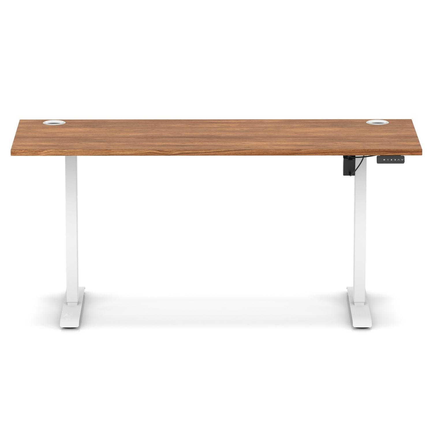 Air Lite 1600 x 600mm Height Adjustable Office Desk Walnut Top Cable Ports White Leg