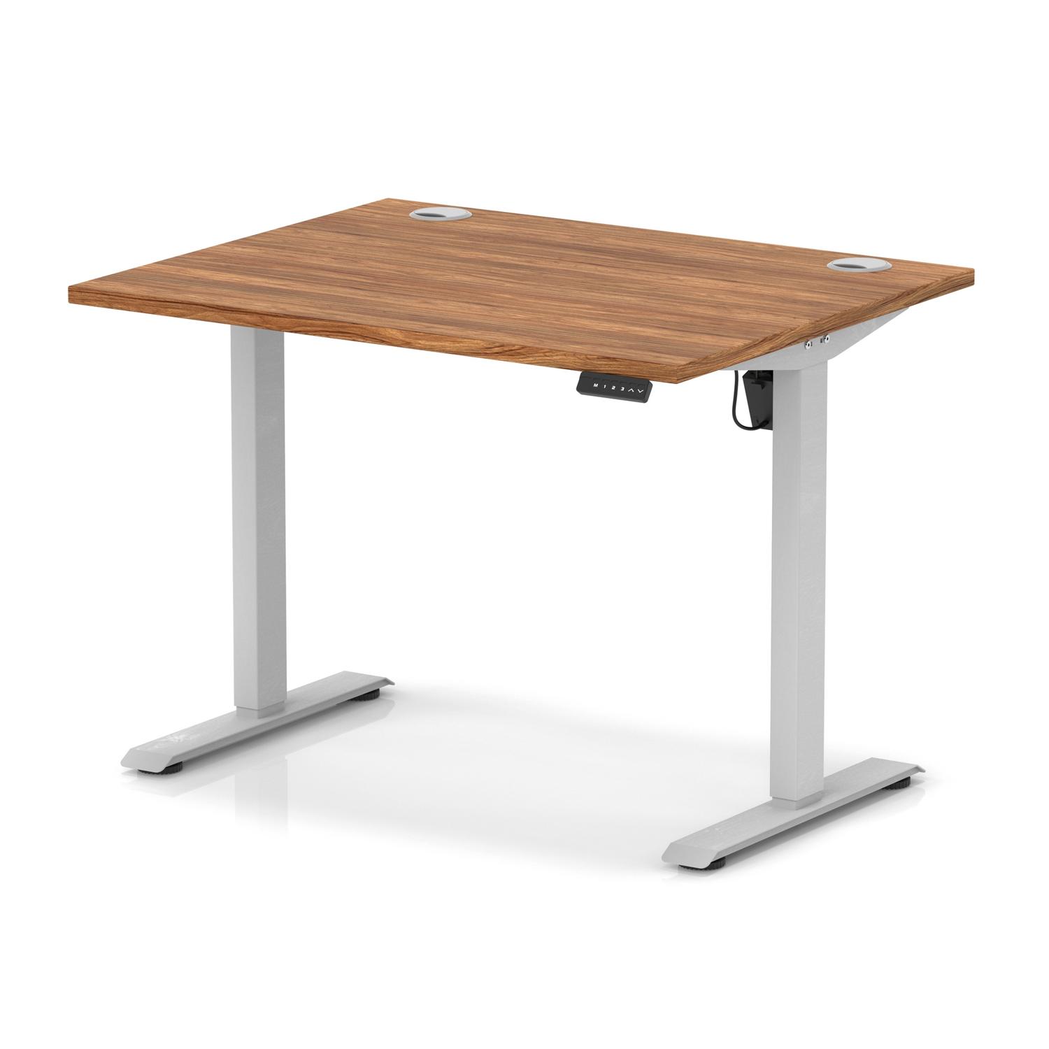 Air Lite 1000 x 800mm Height Adjustable Office Desk Walnut Top Cable Ports Silver Leg