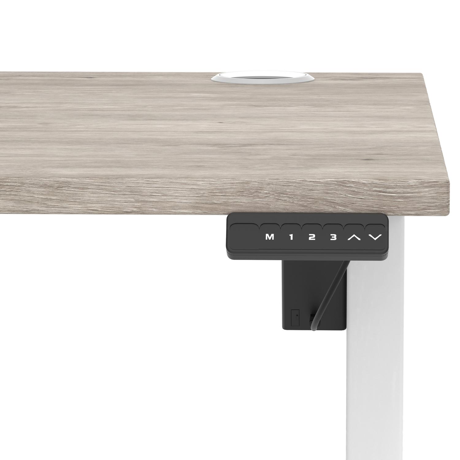 Air Lite 1000 x 800mm Height Adjustable Office Desk Grey Oak Top Cable Ports White Leg