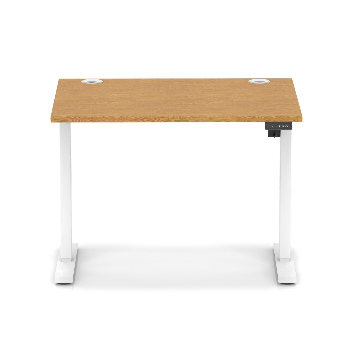 Air Lite 1000 x 800mm Height Adjustable Office Desk Oak Top Cable Ports White Leg