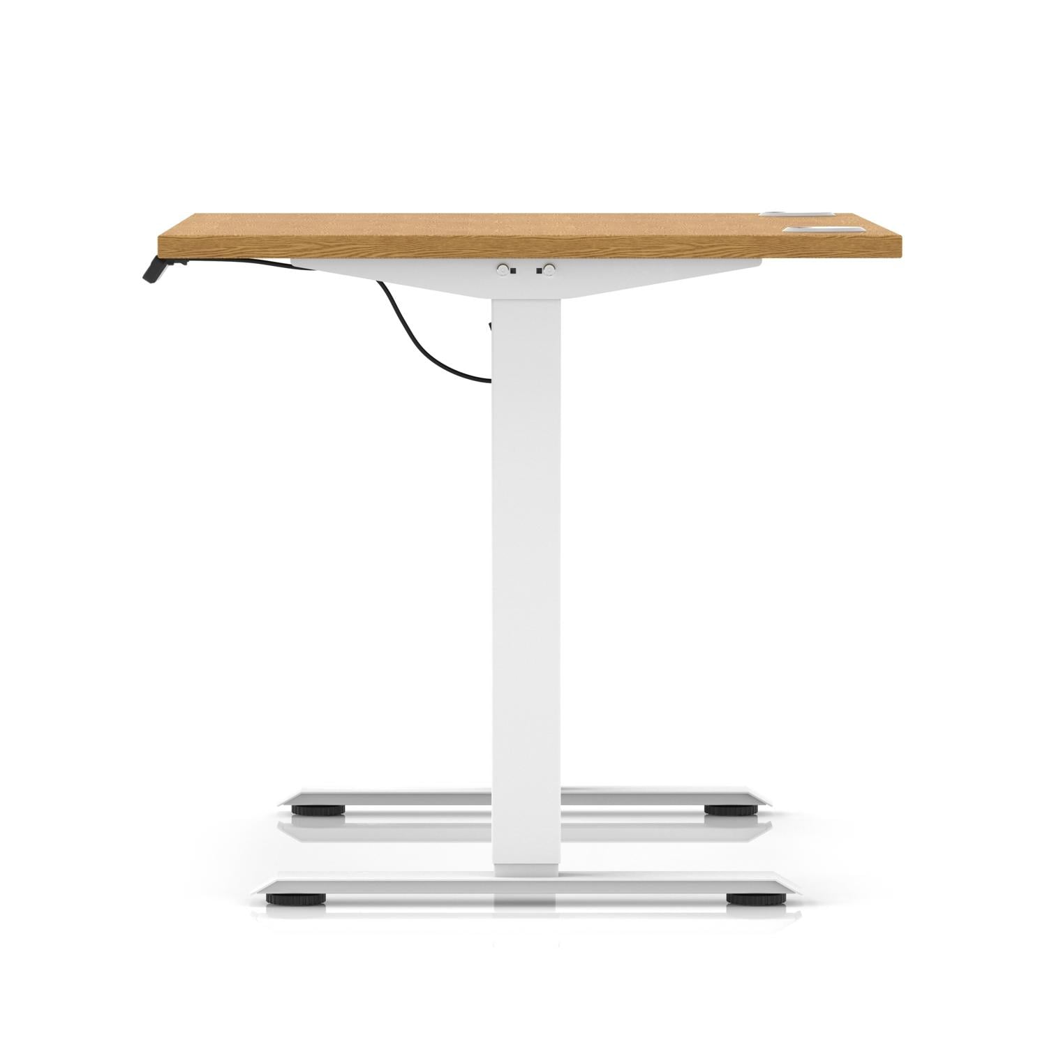 Air Lite 1000 x 800mm Height Adjustable Office Desk Oak Top Cable Ports White Leg