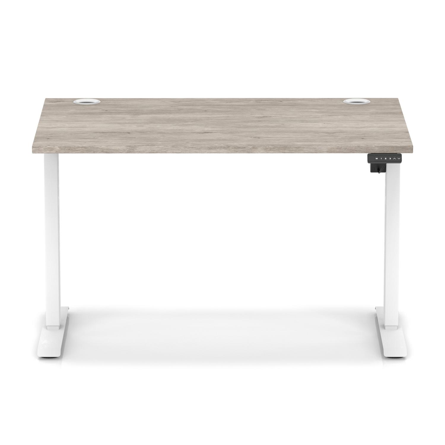 Air Lite 1200 x 800mm Height Adjustable Office Desk Grey Oak Top Cable Ports White Leg