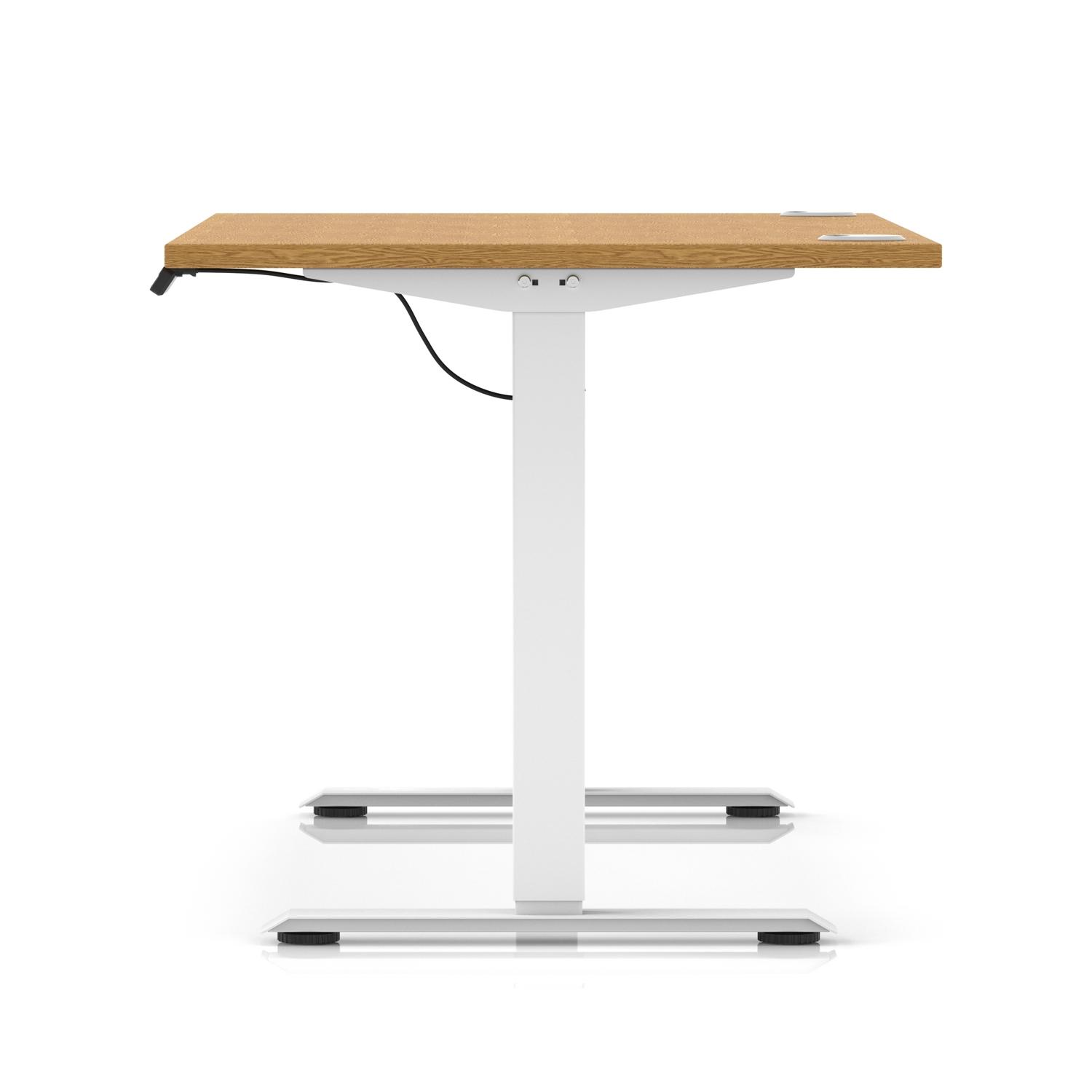Air Lite 1400 x 800mm Height Adjustable Office Desk Oak Top Cable Ports White Leg