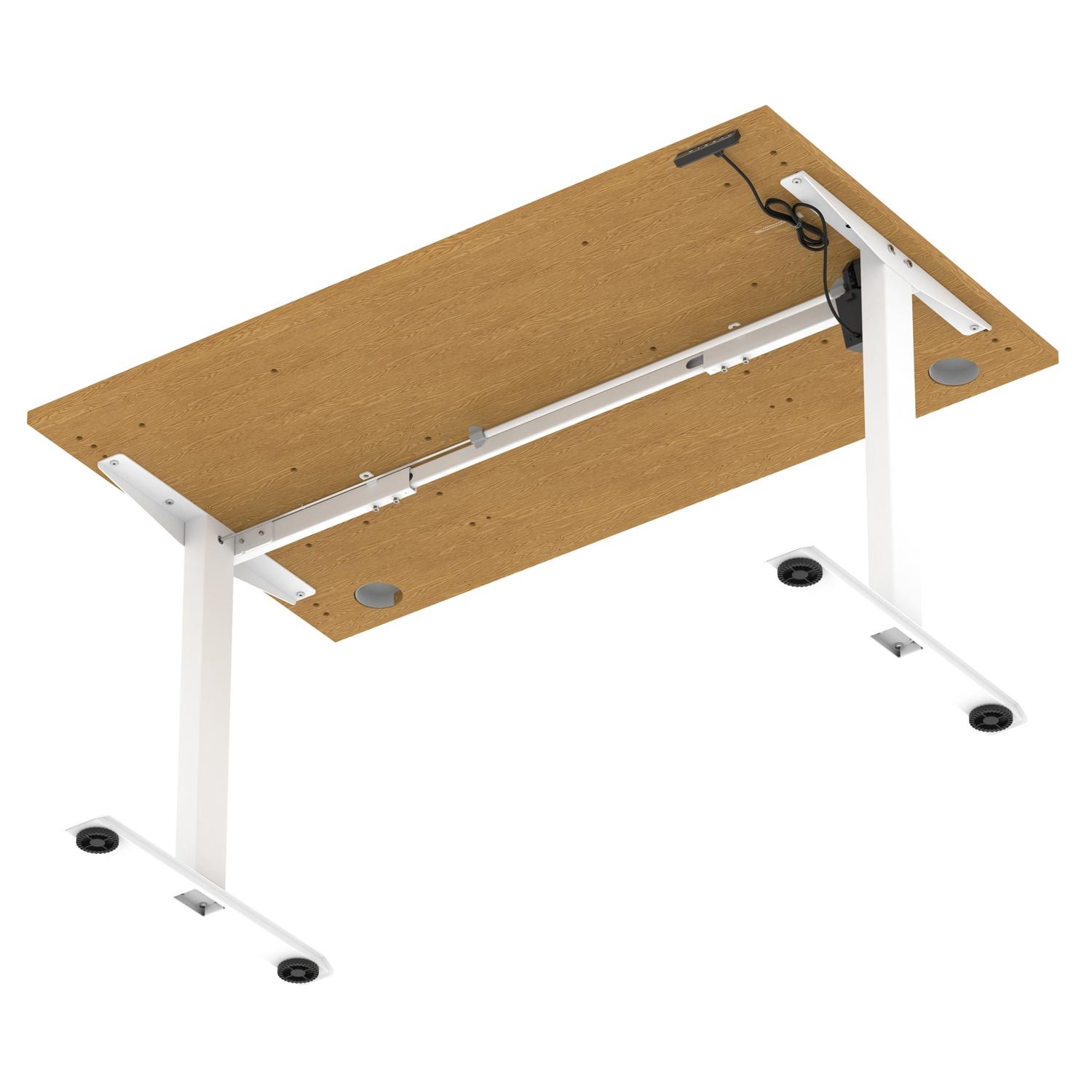 Air Lite 1400 x 800mm Height Adjustable Office Desk Oak Top Cable Ports White Leg