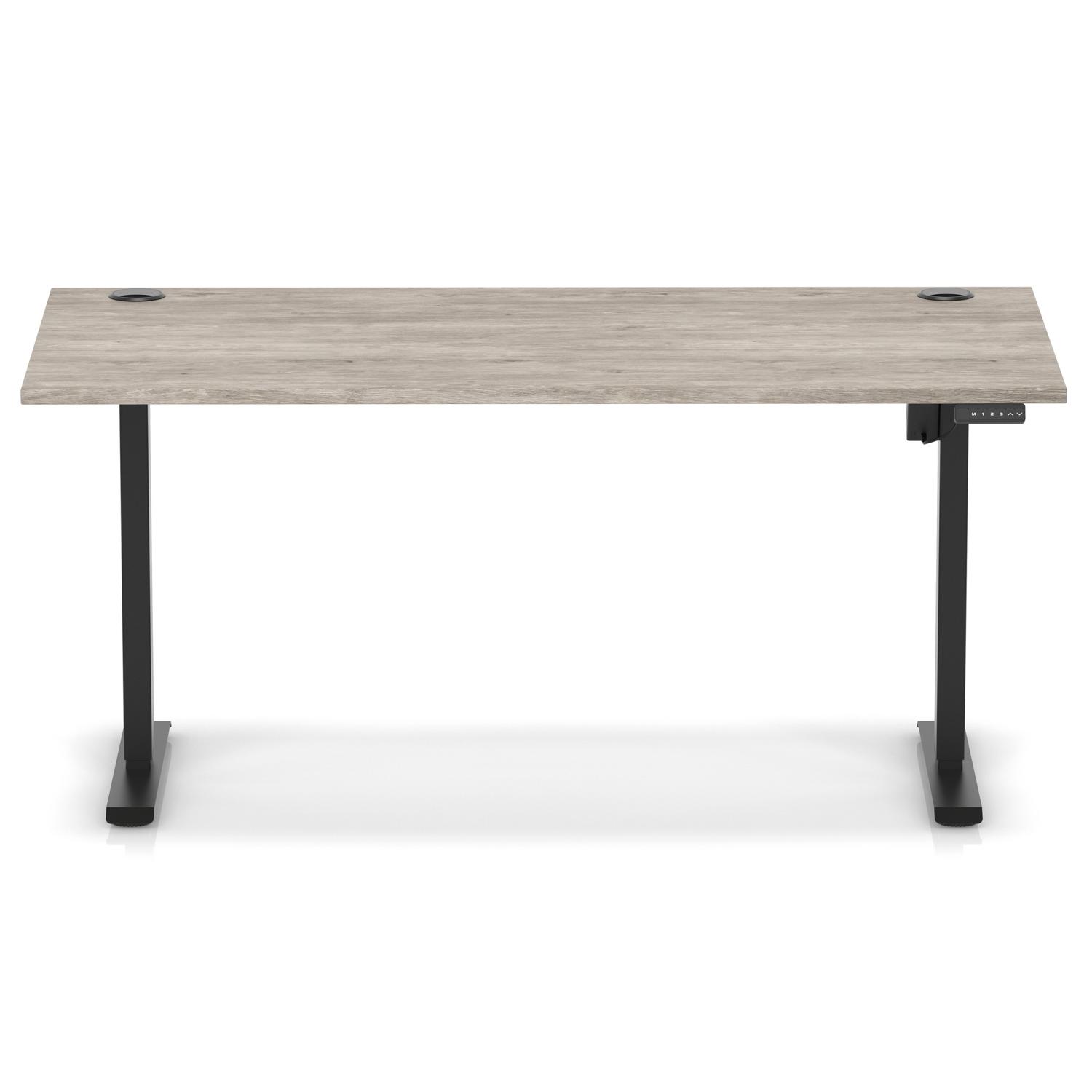 Air Lite 1600 x 800mm Height Adjustable Office Desk Grey Oak Top Cable Ports Black Leg