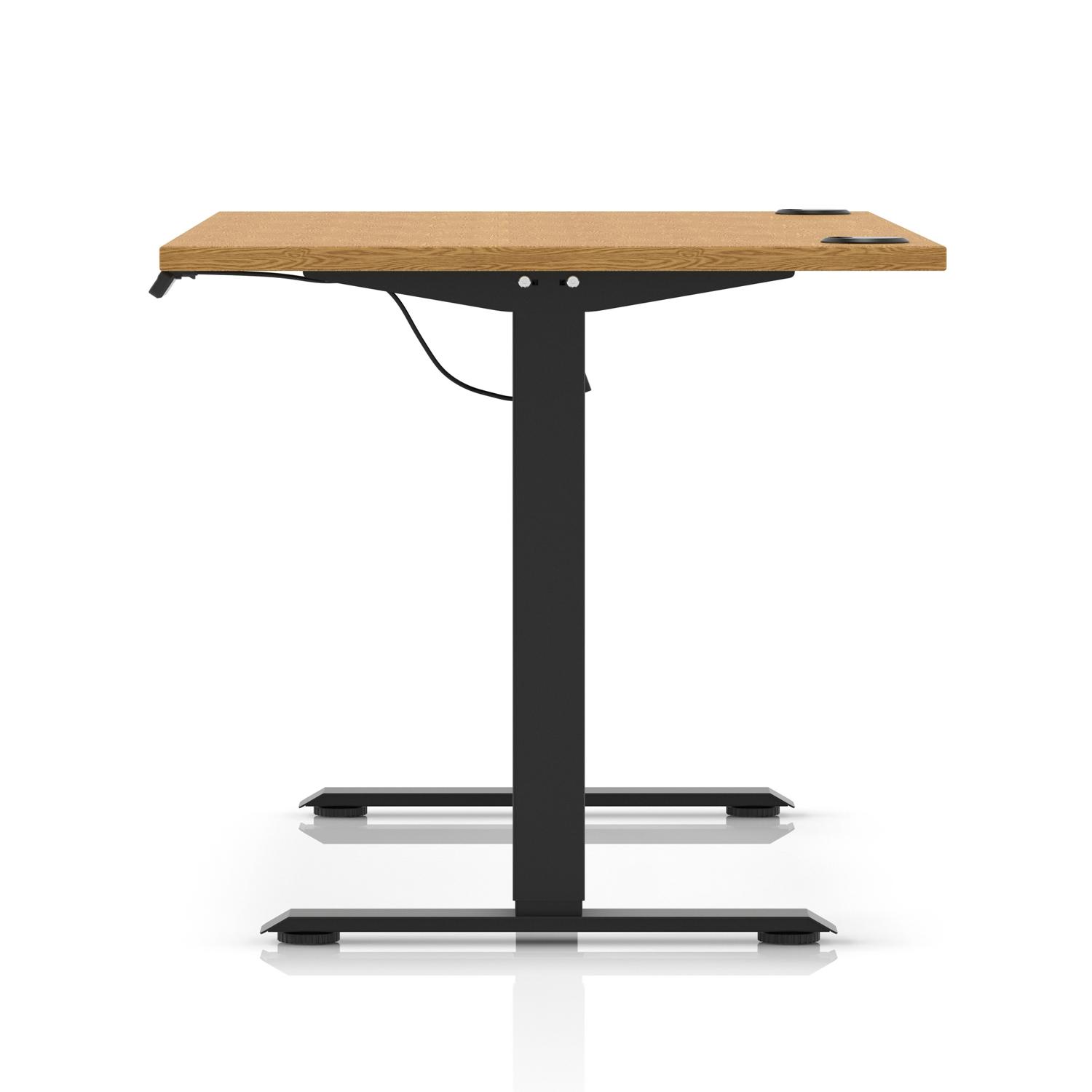 Air Lite 1600 x 800mm Height Adjustable Office Desk Oak Top Cable Ports Black Leg