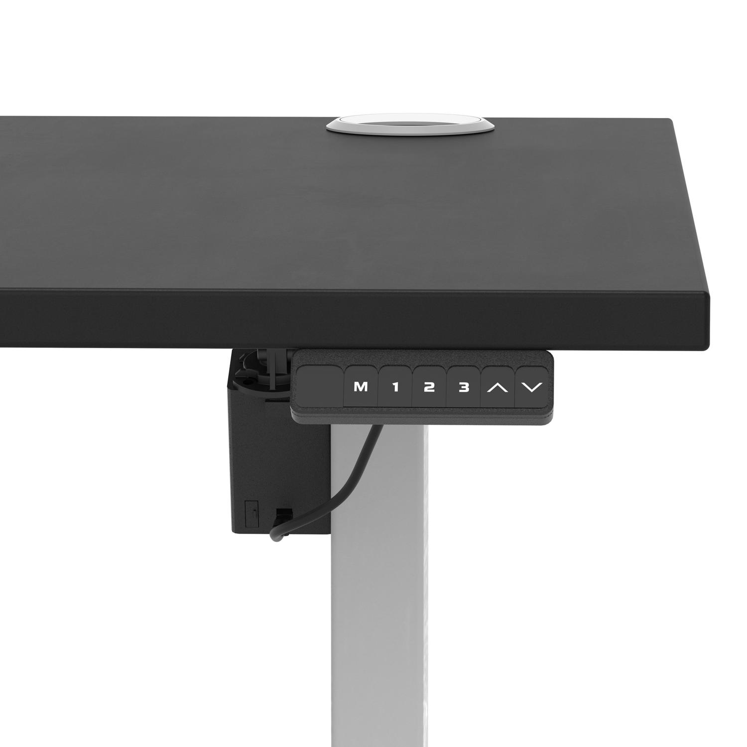 Air Lite 1600 x 800mm Height Adjustable Office Desk Black Top Cable Ports Silver Leg