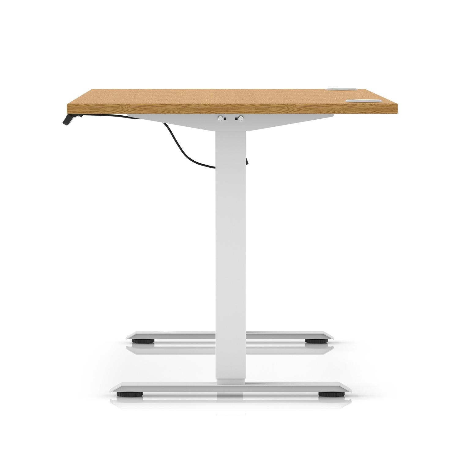 Air Lite 1600 x 800mm Height Adjustable Office Desk Oak Top Cable Ports White Leg