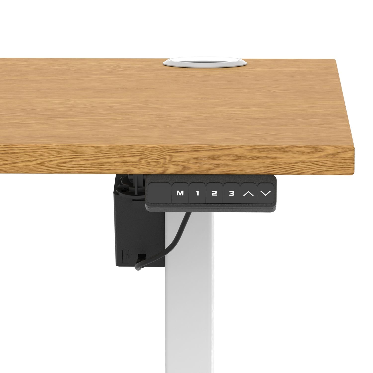 Air Lite 1600 x 800mm Height Adjustable Office Desk Oak Top Cable Ports White Leg